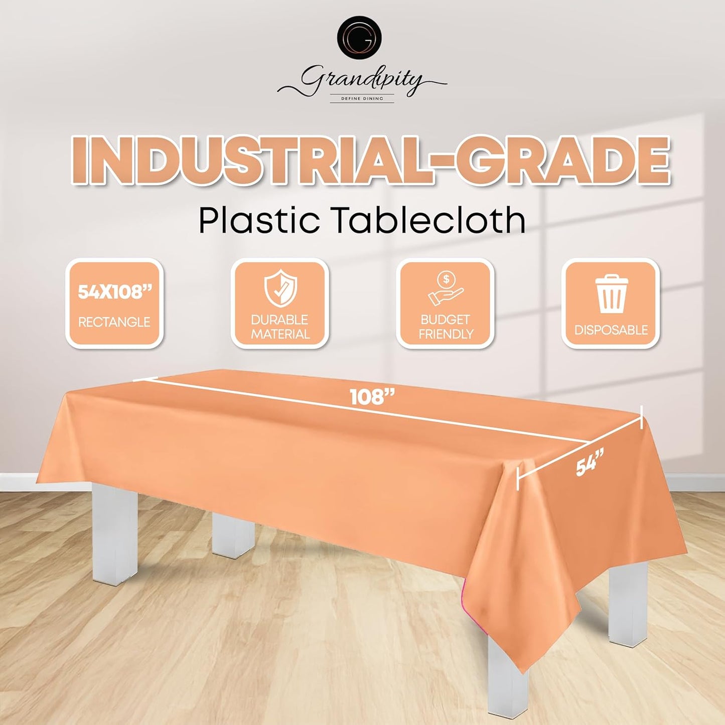 Grandipity 12 Pack Premium Disposable Plastic Tablecloth 54 Inch. x 108 Inch. Decorative Rectangle Table Cover - Peach