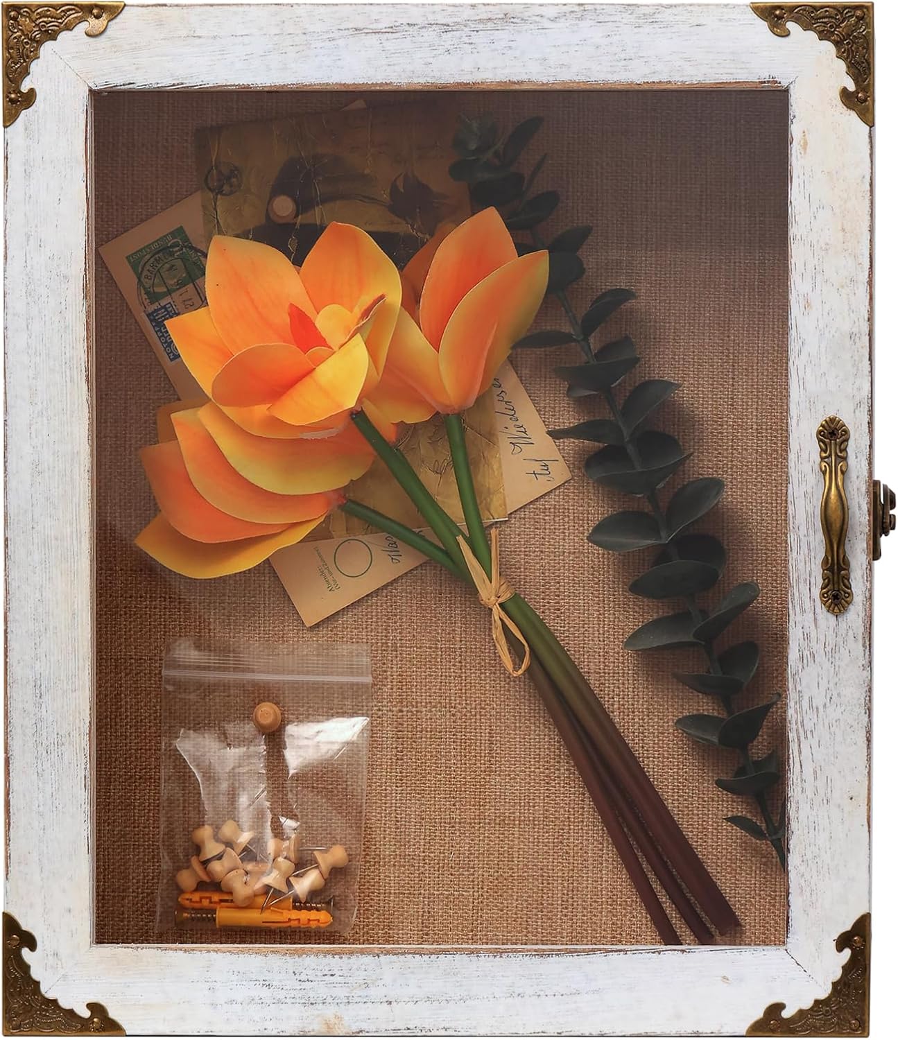 Shadow Box 11x13 Display Case, 5 Inch Extra Deep Shadow Box Frame , Acrylic Door, White Solid Wood Shadow Box with Linen Back & Pins, Rustic Metal Corners, Wall Mounted Keepsake Display Cabinet