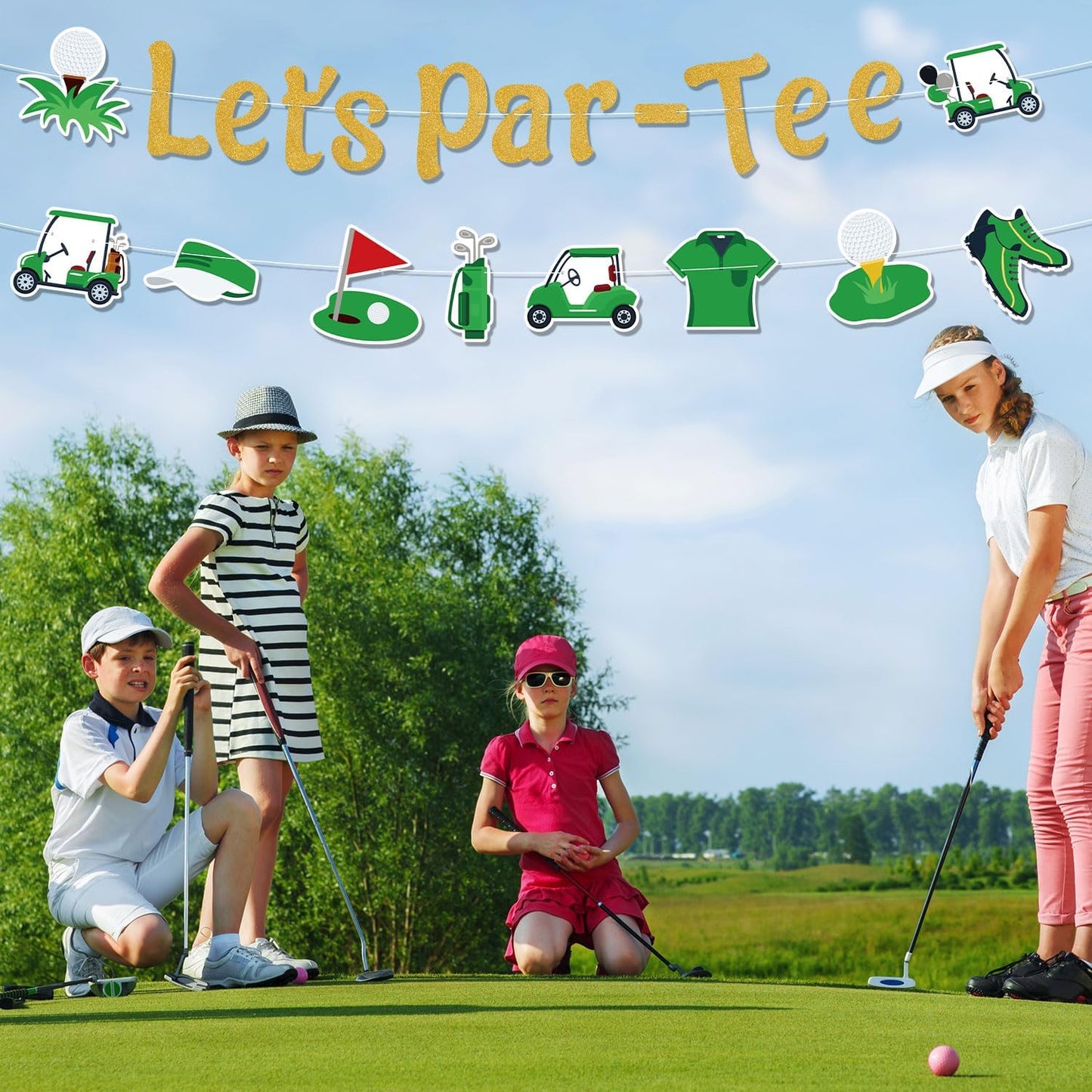 Let’s Par tee Banner, Pre-Strung Glitter Golf Theme Banner Garland Decor Hanging Golf Birthday Party Decorations for Sport Lovers Retirement Party Photo Props Supplies