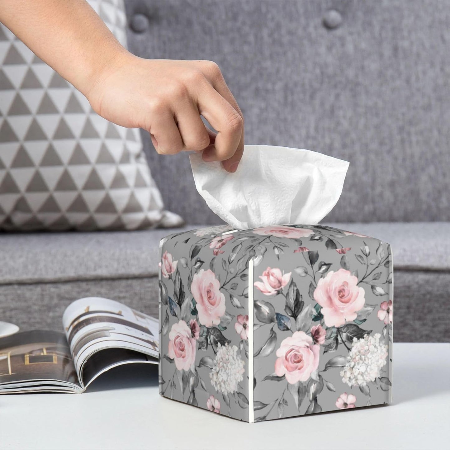 Pink Rose Flowers Tissue Box Cover Square,Colorful Spring Floral Tissue Box Holder Waterproof Leather Facial Paper Organizer Dispenser for Bathroom Home Car Nightstand Vanity Desk