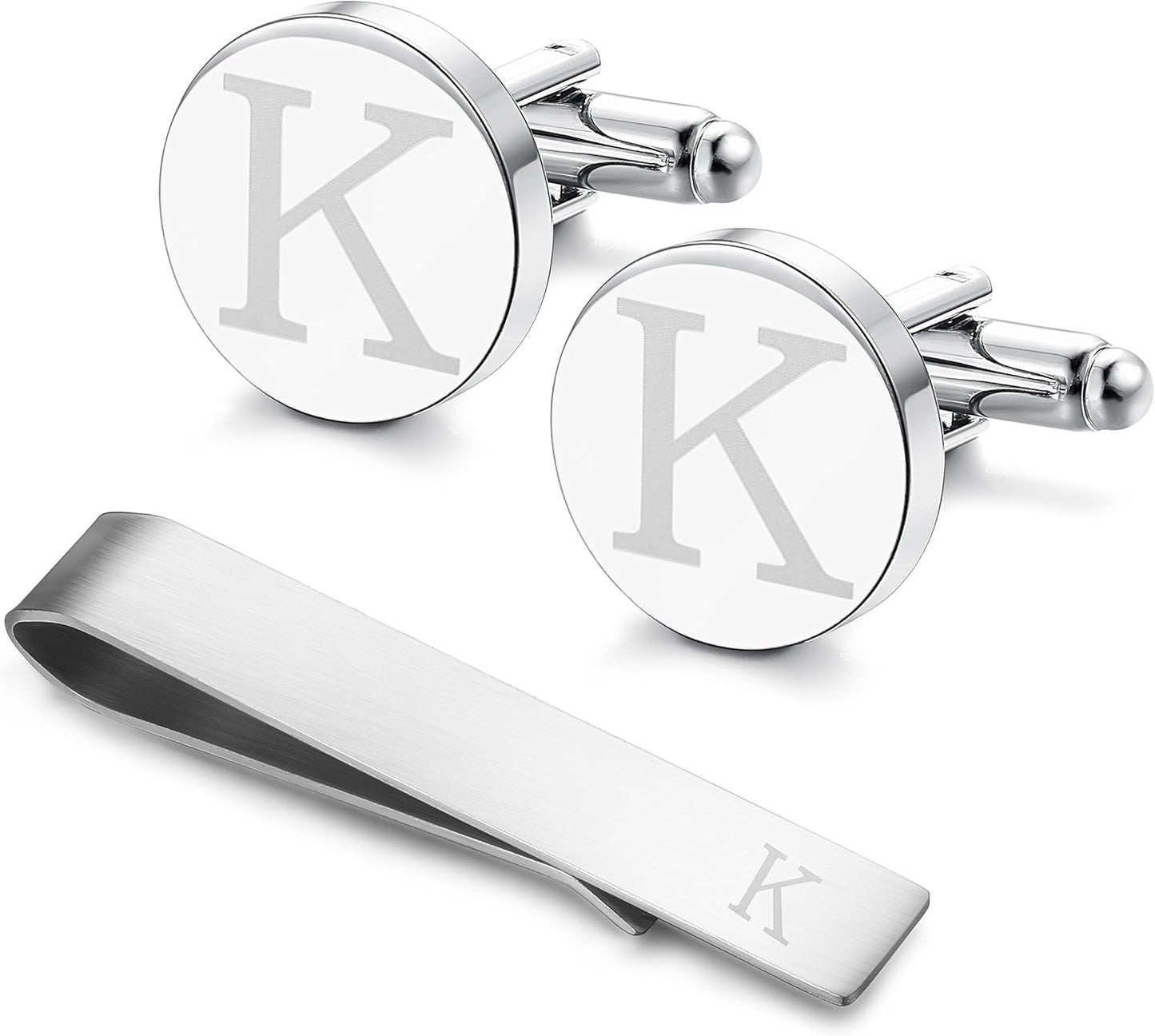 LOYALLOOK Stainless Steel Engraved Initial Cufflinks and Tie Clip Bar Set Alphabet Letter With Gift Box A-Z