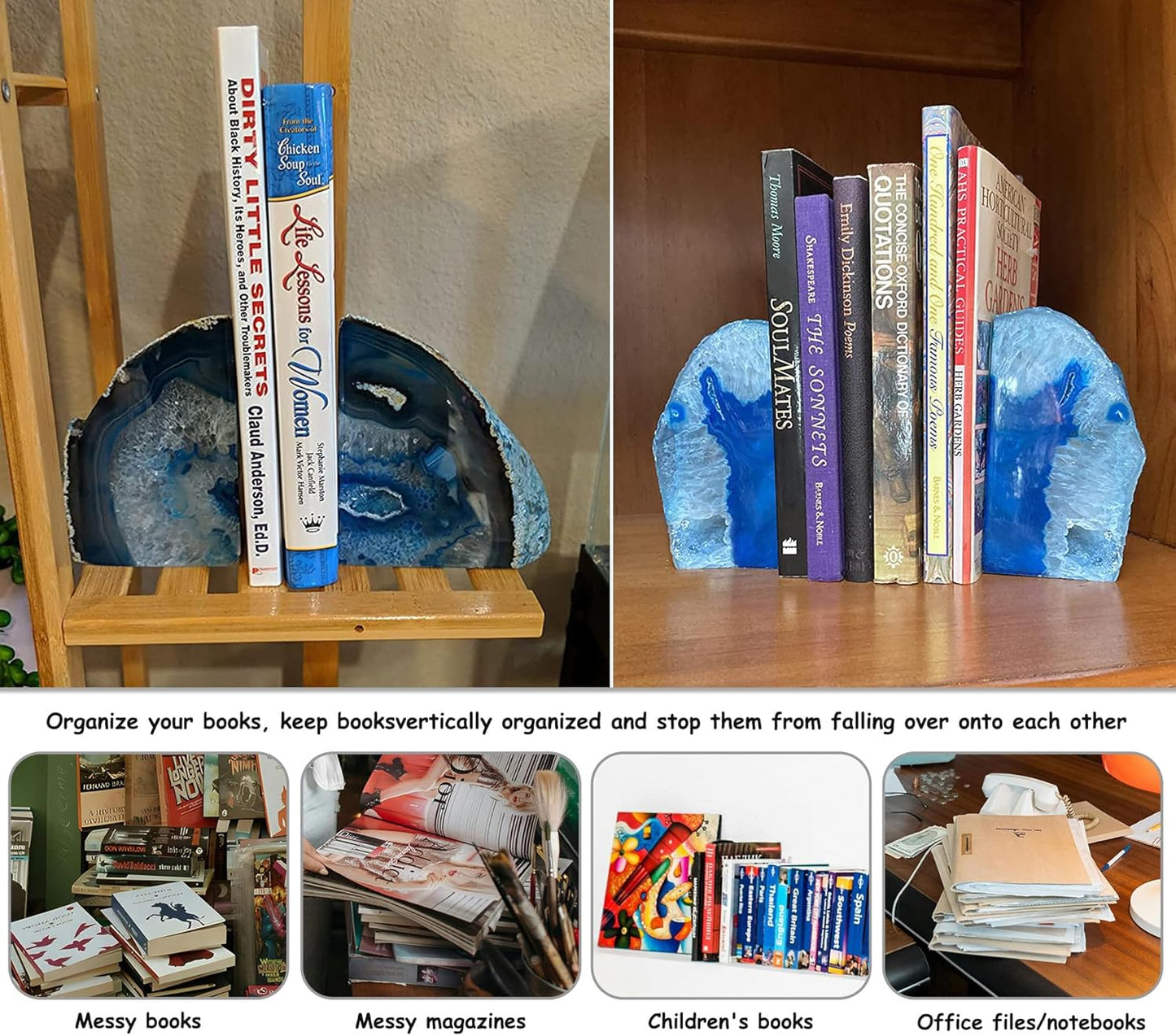 AMOYSTONE Natural Blue Agate Geode Bookends, Decorative Book Ends for Shelves, Stackable Book Stopper for Small Books, Unique Agate Stone Bookends, 2-3 LBS, Perfect for Home Office Decor