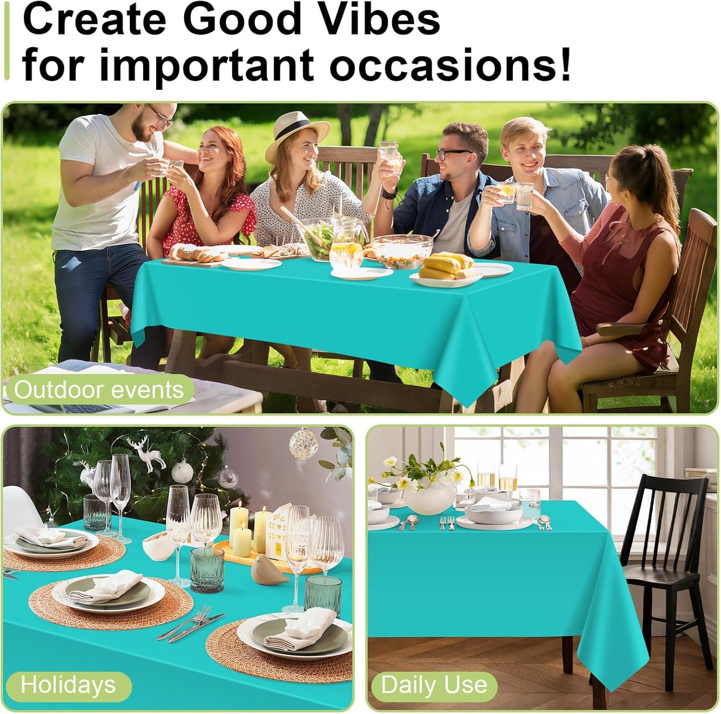 QIKSION Plastic Table Cloth Disposable 6 Pack, 54 x 108 Inch Tablecloths for Rectangle Tables, Aqua Blue Plastic Table Cover