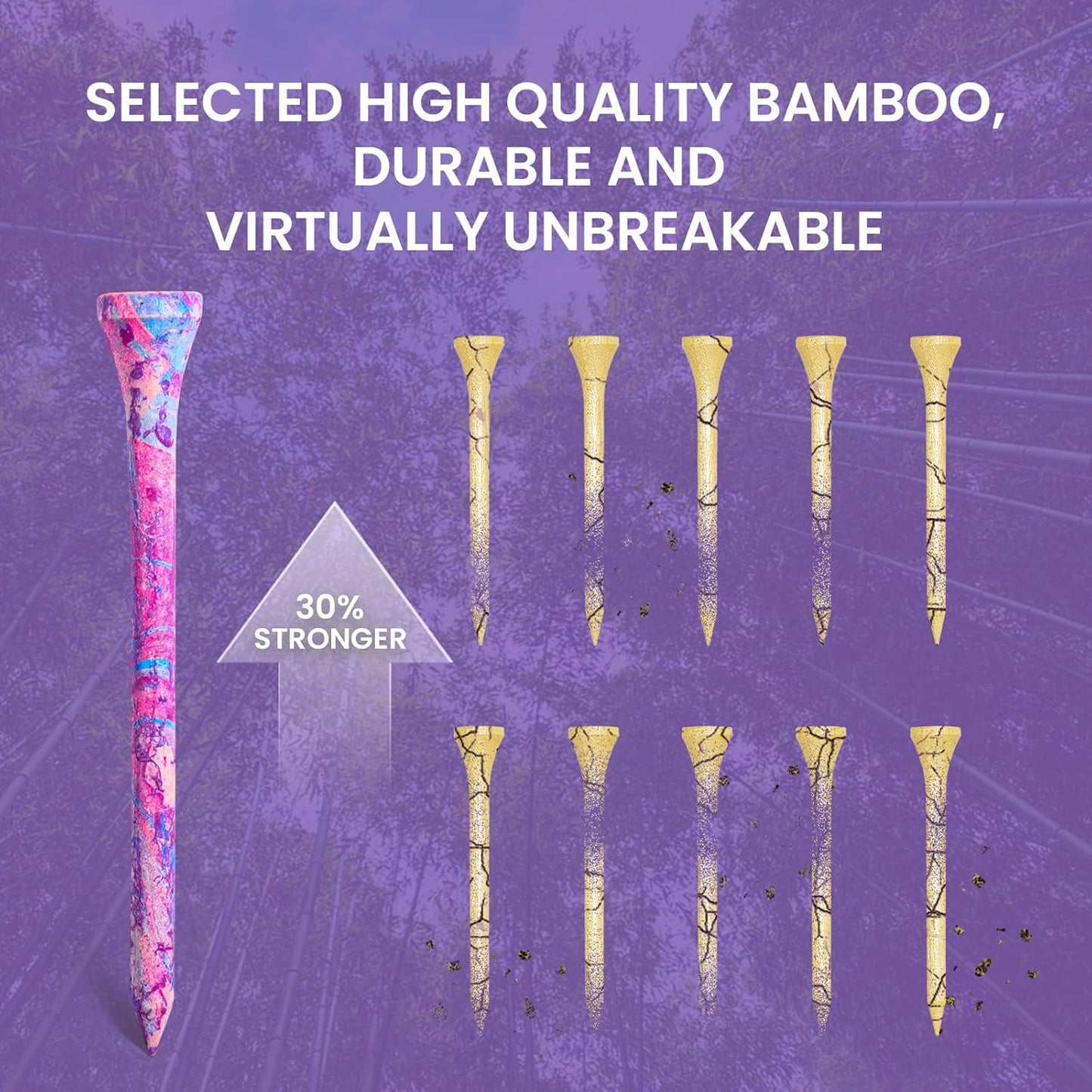 Amy Sport Golf Tees Styllish Bamboo Wooden Coloured Painted Bulk 200 Pack 1 1/2 3 1/4 2 3/4 Inch Tee, Enhanced Visibility Color Purple Pink Green Blue, Practice for Men Women