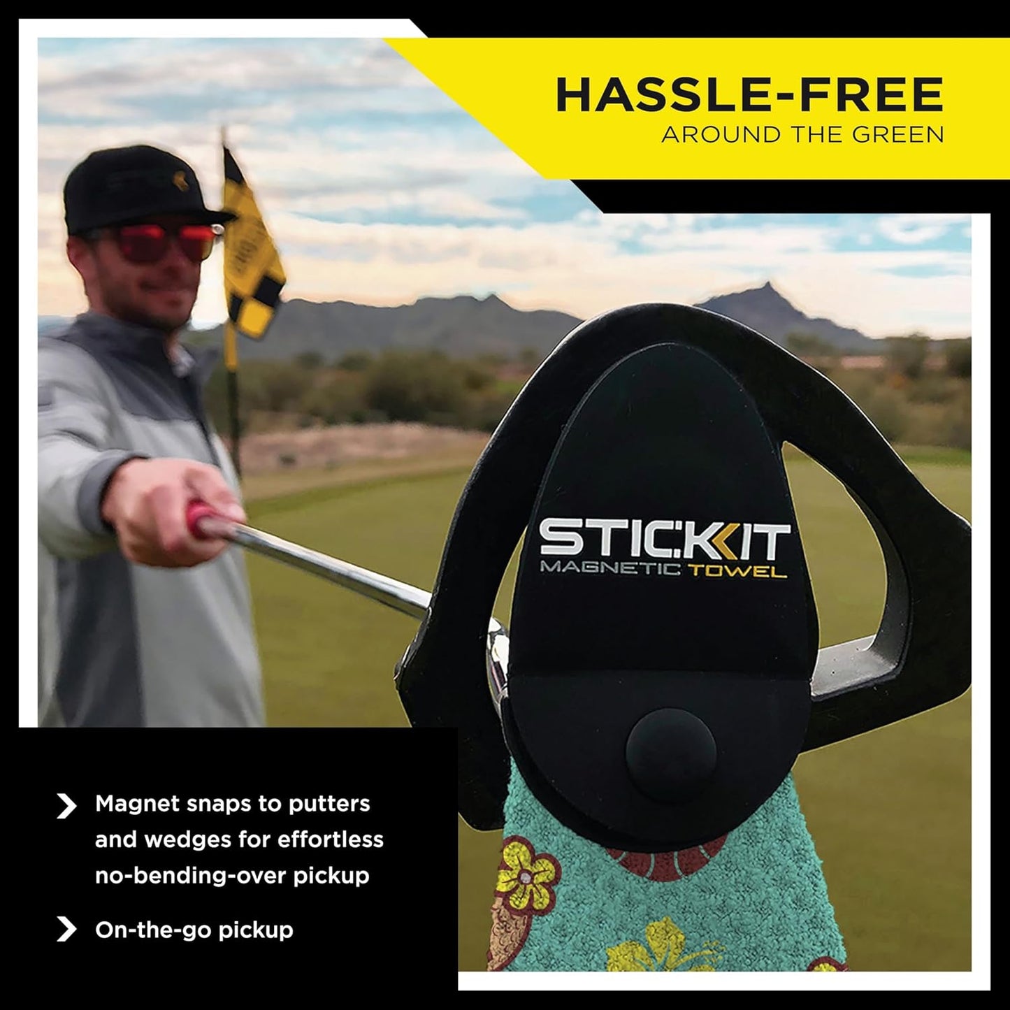 STICKIT Magnetic Golf Towel, Teal Tiki | Top-Tier Microfiber Golf Towel with Deep Waffle Pockets | Industrial Strength Magnet for Strong Hold to Golf Carts or Clubs