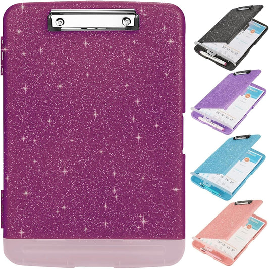 Glitter Clipboard with Storage,Storage Clipboard with Pen Holder,A4 Binder Clip Boards 8.5x11 with Low Profile Clip,Side Opening Sparkle Clipboards,Clipboards Folder for Office Supplies-Purple Alfalfa