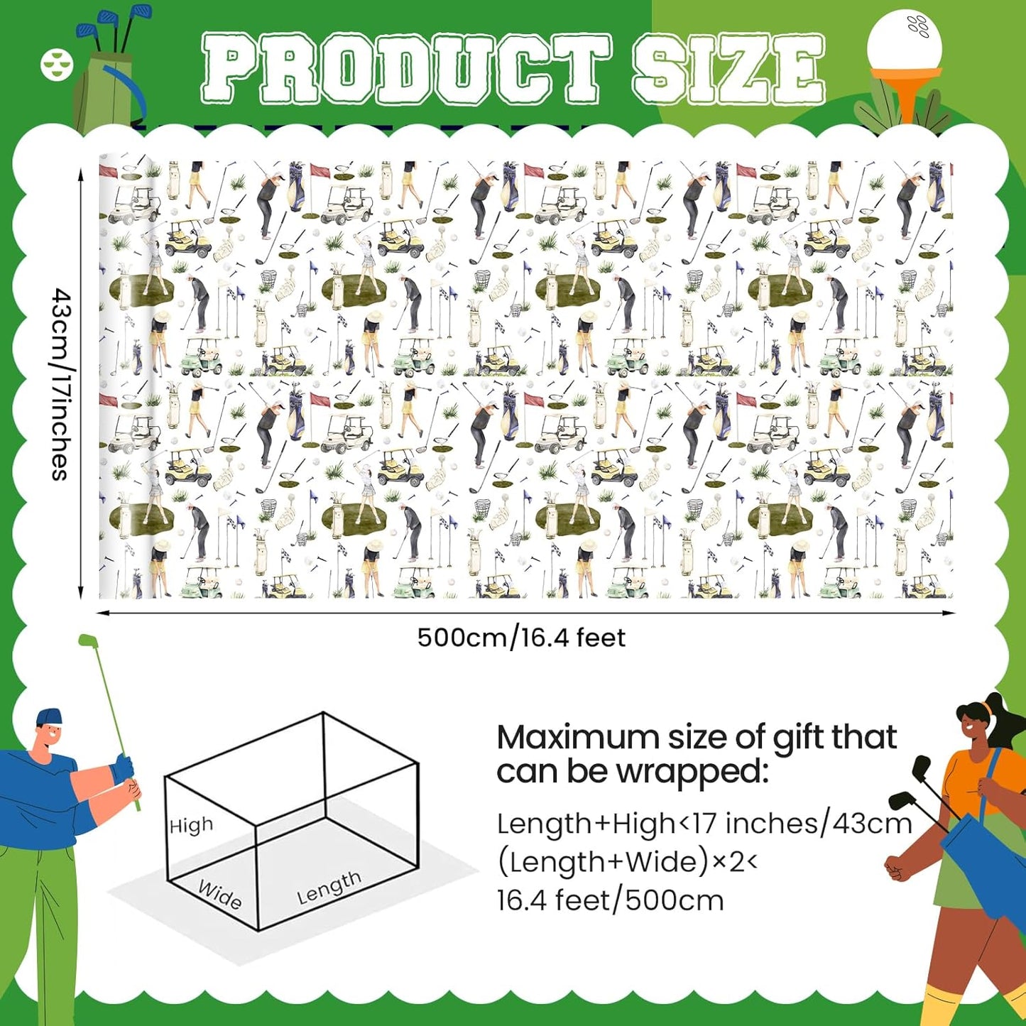 Golf Wrapping Paper Roll - Watercolor Golf Gift Wrap for Parties,Birthdays,Team Celebration - 17Inch x16.4Feet - Sports Wrapping Paper