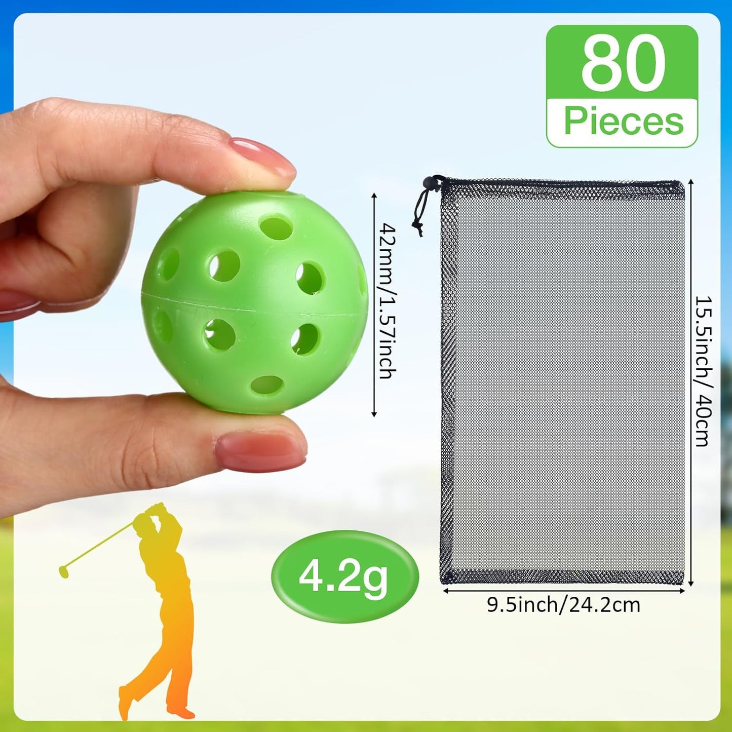 80 Pack Practice Golf Balls Limited Flight 42 mm Golf Training Airflow Hollow Plastic Ball for Women Men Indoor Outdoor Driving Range Swing Practice Home