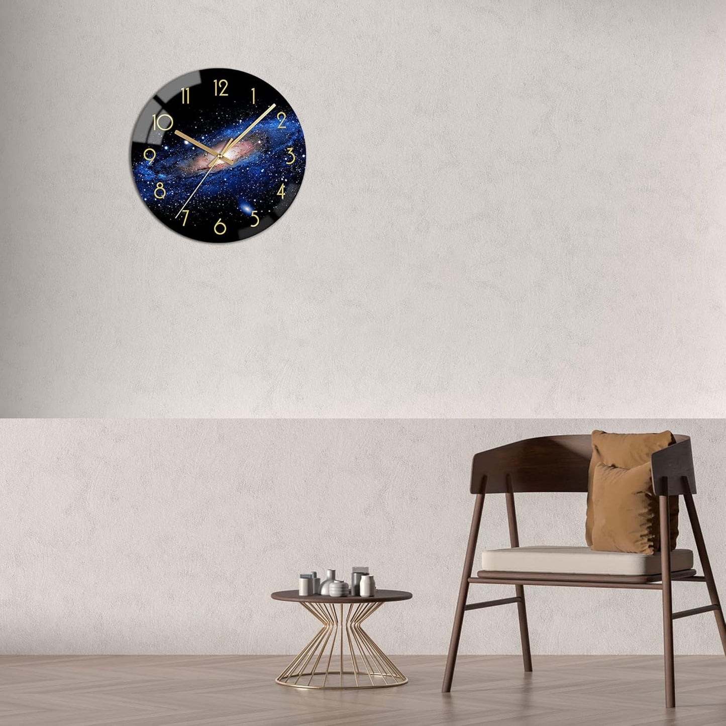 VIKMARI Black Wall Clock 12 Inch Round Silent Non-Ticking Quartz Battery Operated Wall Clocks Glass Night Sky Pattern Decorative Arabic Numerial Clock for Kitchen Living Room Dining Room and Bedroom