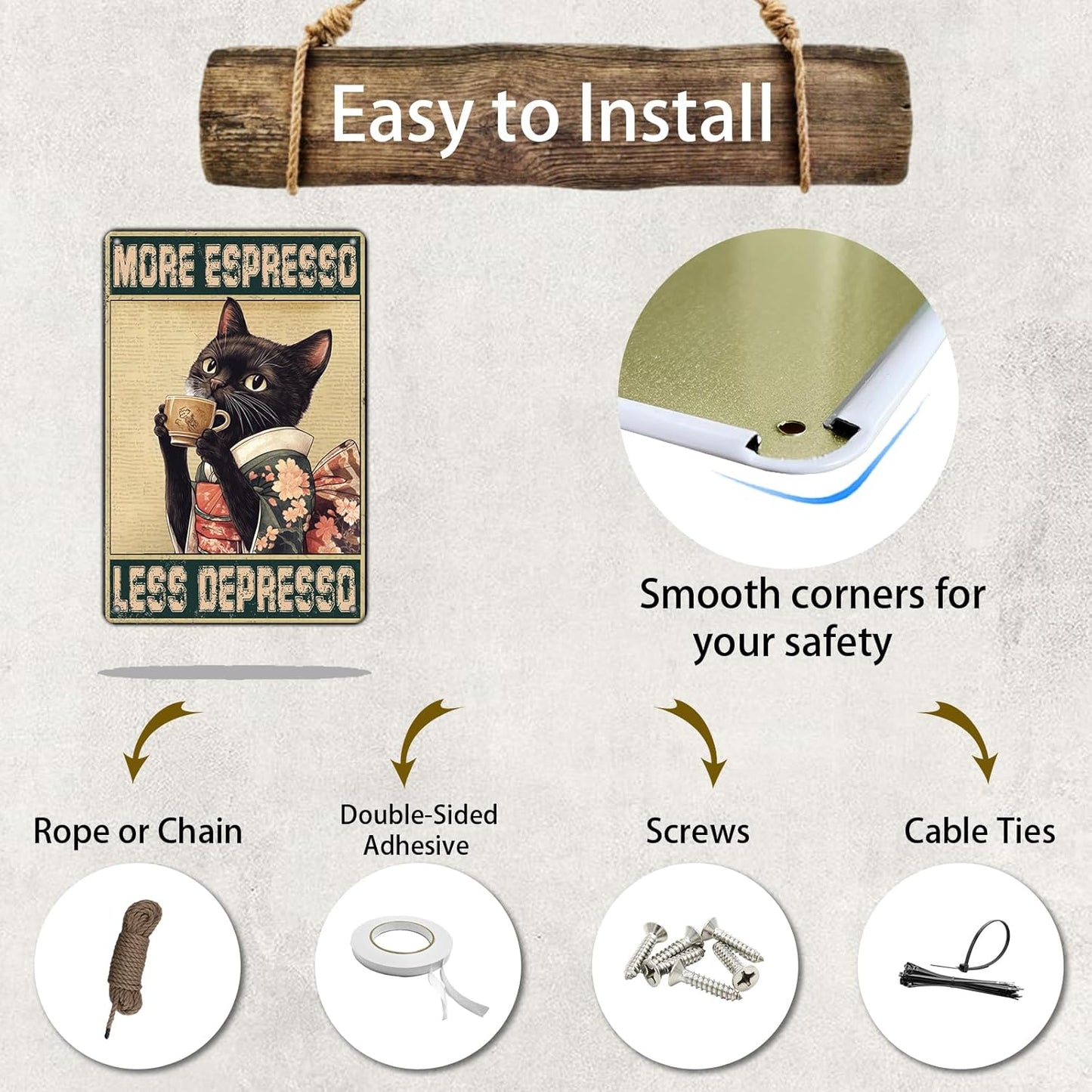 Coffee Cat Metal Posters More Espresso Less Depresso Metal Tin Sign Kimono Cat Bar Pub Sign Poster Home Decor Garage Bar Poster 12x8 Inch