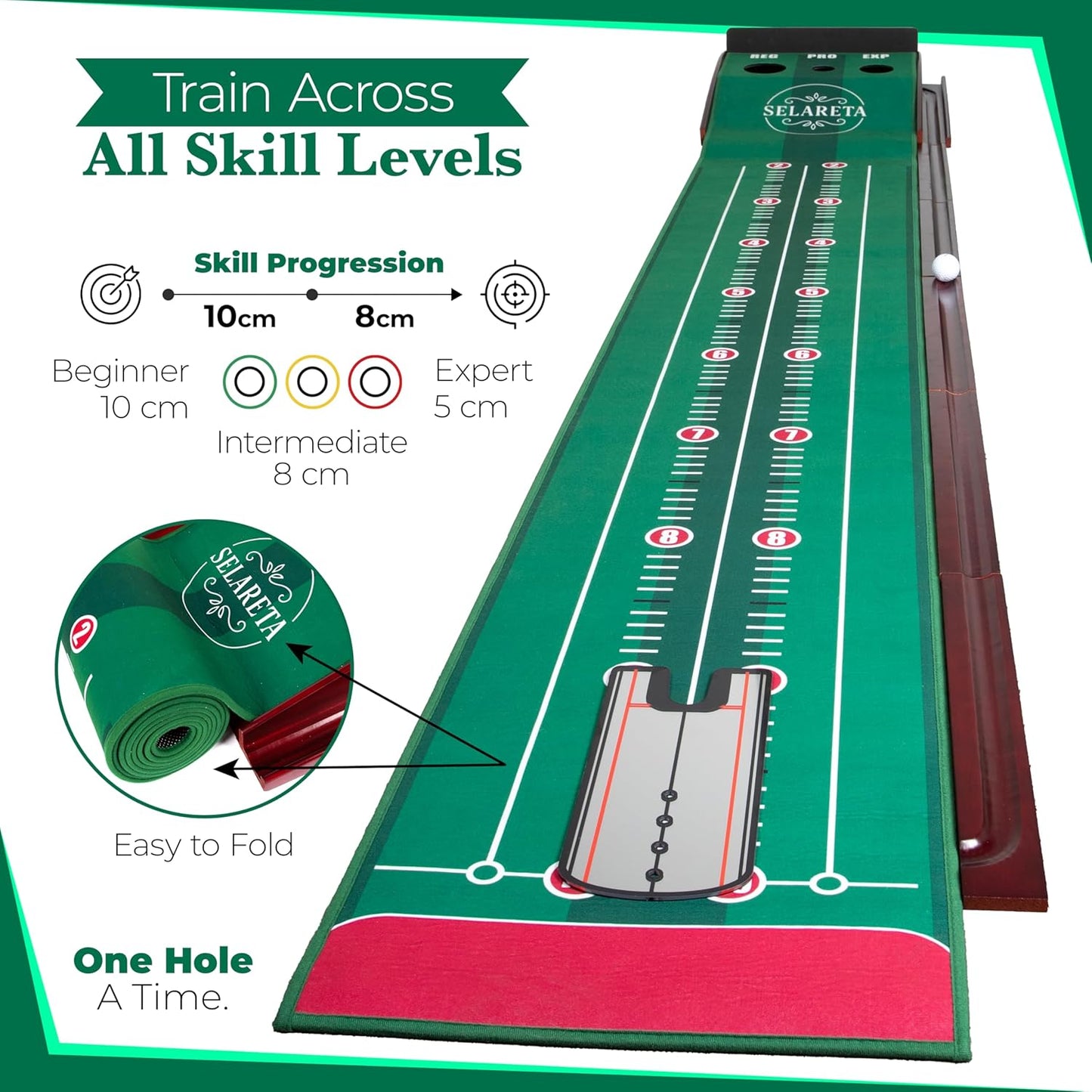 Indoor Putting Green- 10 ft. 3 Holes Professional Golf Mat with Auto Ball Return, Non-Slip Base,Mirror and 4 Slopes. for Home, Office, or Backyard – Golf Gift Training Aid for Beginners and Adults