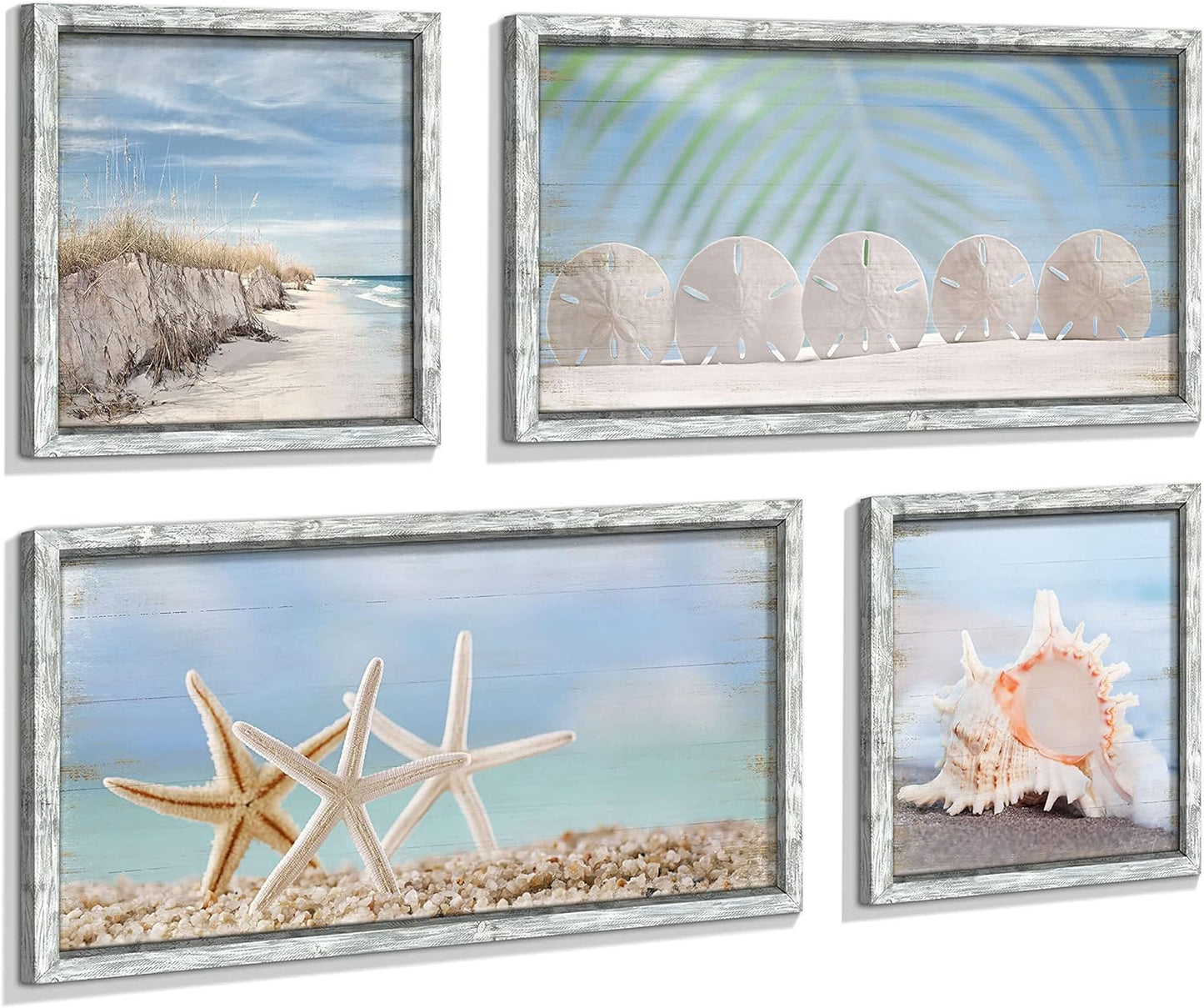 Beach Prints Wooden Wall Art: Seashell Conch Starfish Pictures Collection Set of 4 Ocean Art Seaside Framed Wall Decor for Living Room Overall 48"W x 32"H