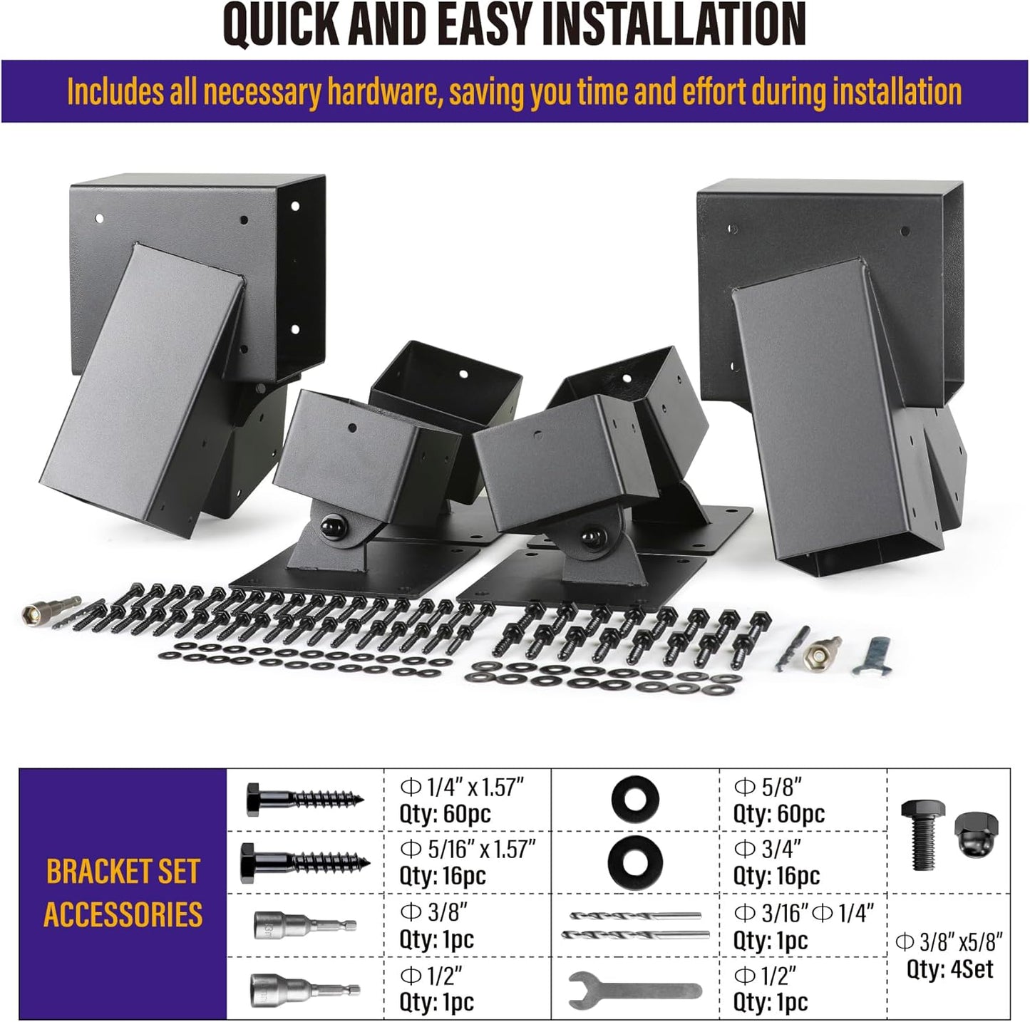 Hulave Stainless Steel Swing Bracket Kit, 4-Pack Swing Set Anchor Leveling Kit Bracket 4"x4"+2pcs A Frame Swing Set Brackets with Mounting Accessories(Black)