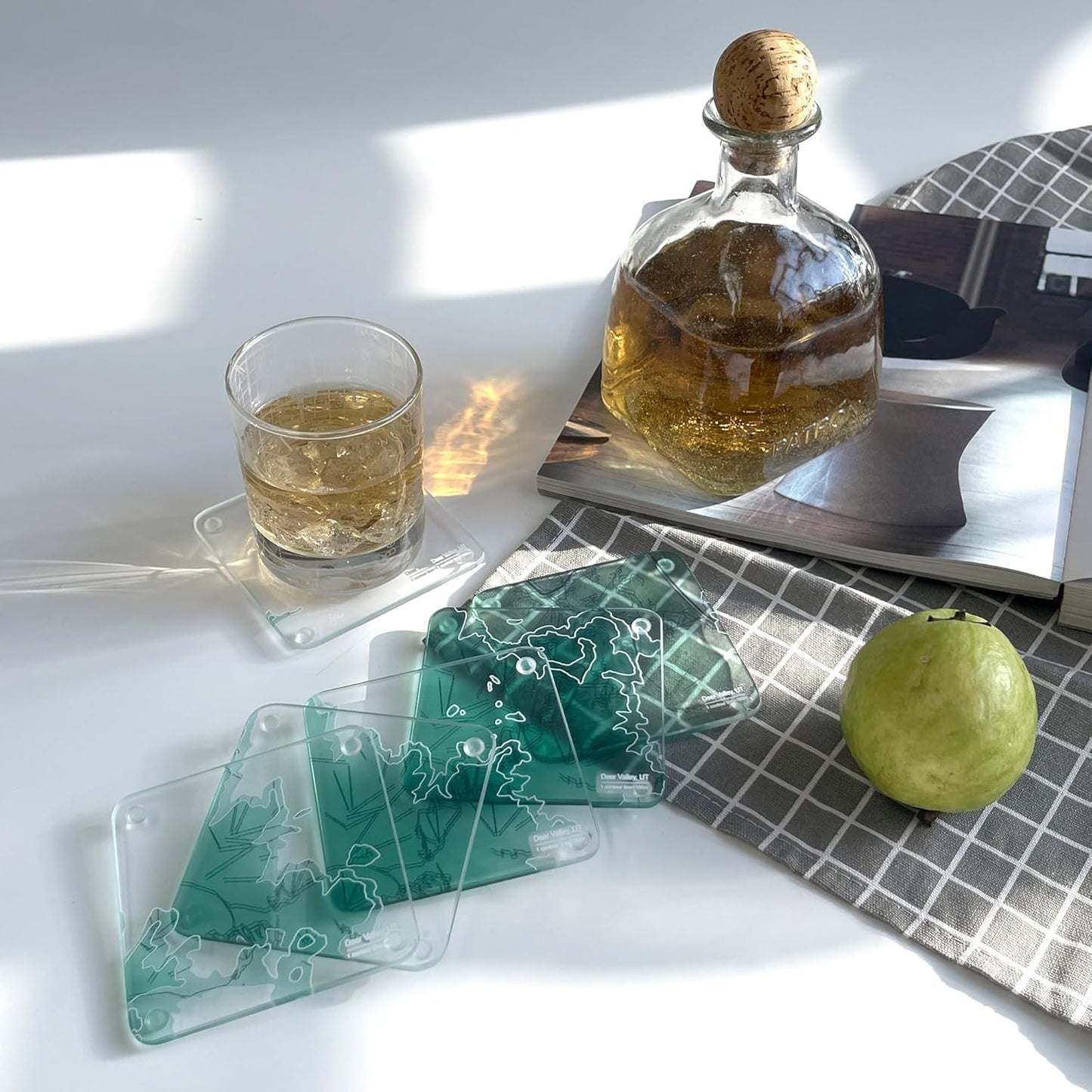 Deer Valley, UT 3D Contour Map Glass Drink Coasters of Mountains, Ski Resort, Set of 6 with Holder, Housewarming Birthday Gifts, Home Decor