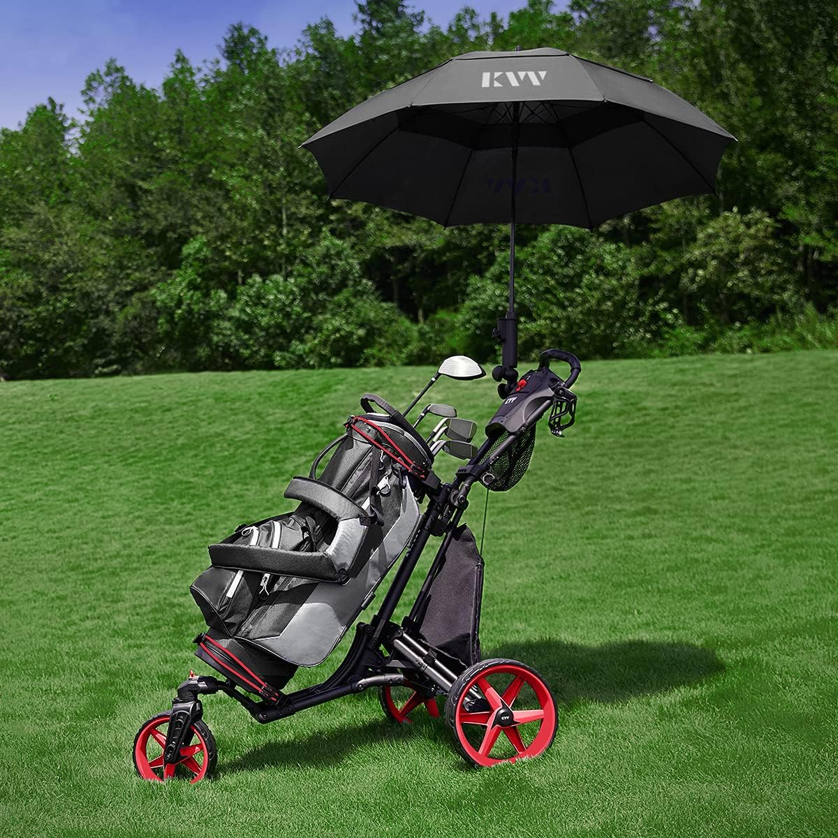 KVV 3 Wheel 360 Rotating Front Wheel Golf Push Cart Open and Close in ONE Second-Free Umbrella Holder Included