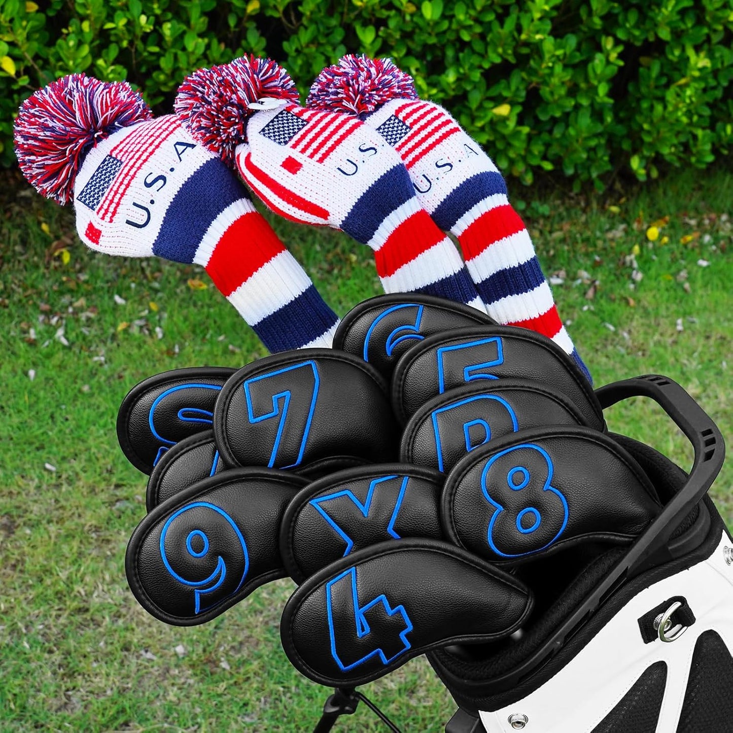 Craftsman Golf 10pcs Red No. on Both Sides Magnetic Closure Classic Black Leather Iron Headcover Covers Set Travel Cases Protector Available Custom with Name