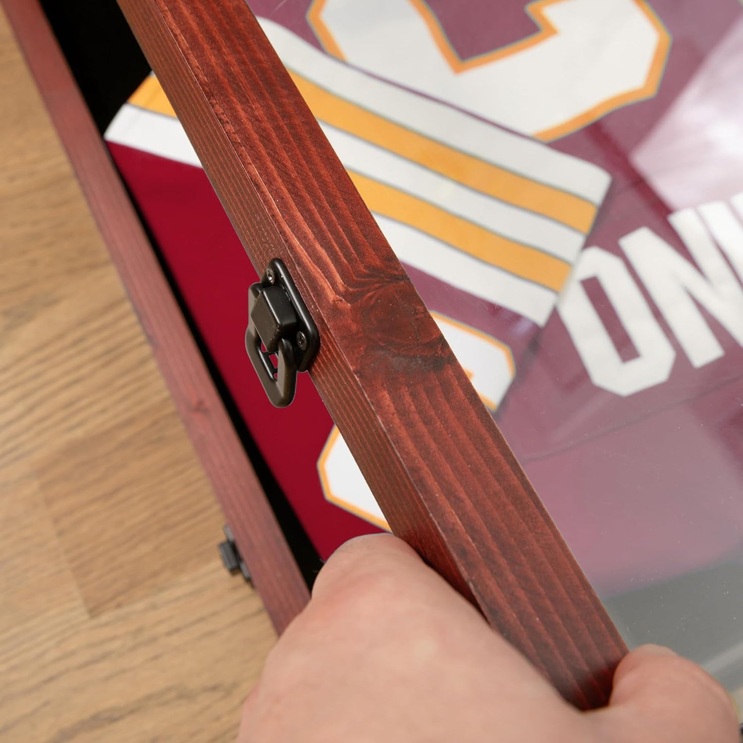 HBCY Creations Mahogany Jersey Frame Display Case - 24x36 Premium Shadow Box with Anti-Theft Lock, Acrylic Window, Solid Wood Frame, Fits, Includes Hanger and Hanging Hardware