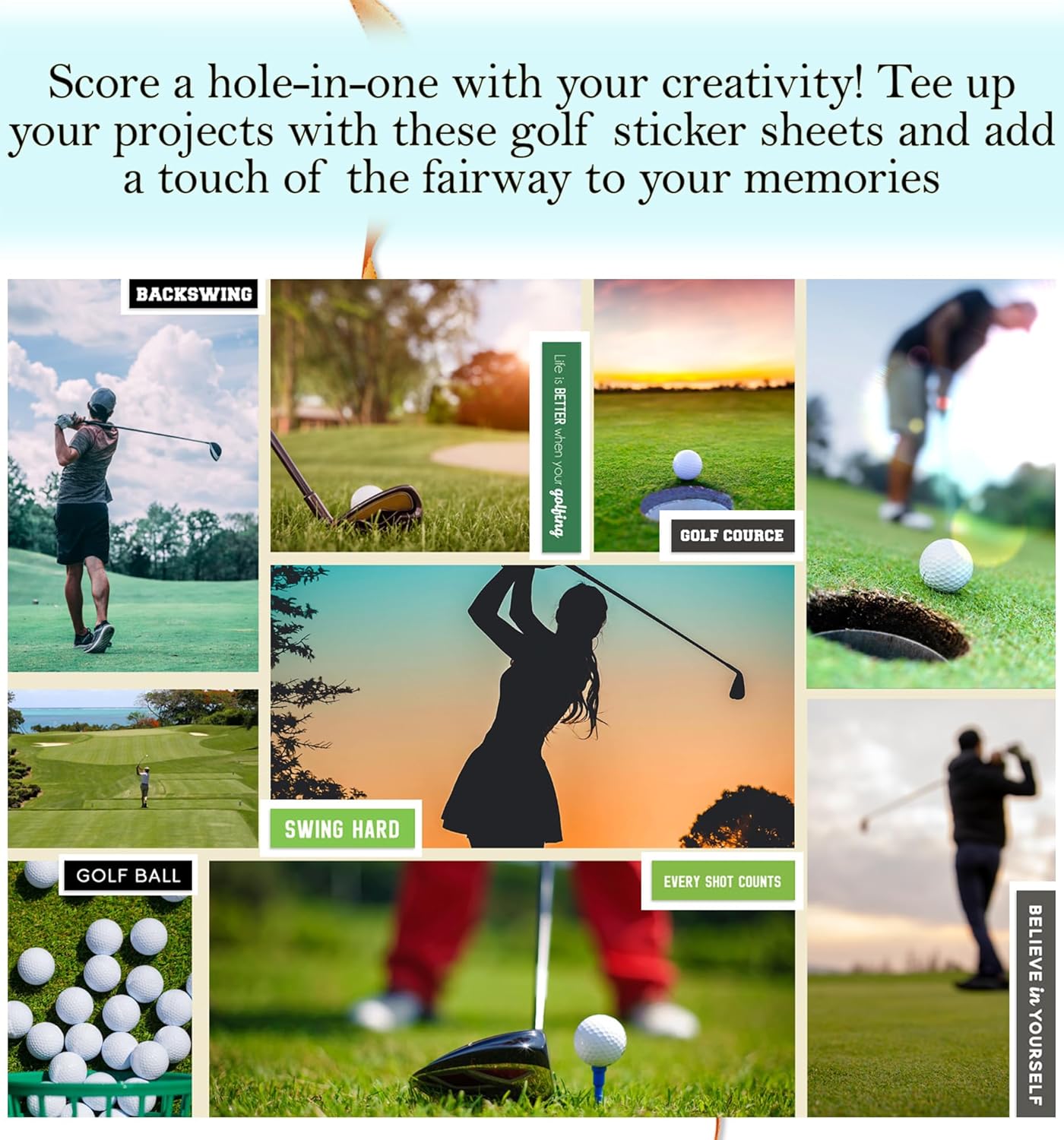 Golf Stickers Sheets - Golfing Scrapbook Sticker with Club, Cart, Flagstick, Tee, Sporty Phrases Design - Sports Embellishments for Scrapbooking, Photo Album, Journal, Planner, DIY Crafts - 2 Items