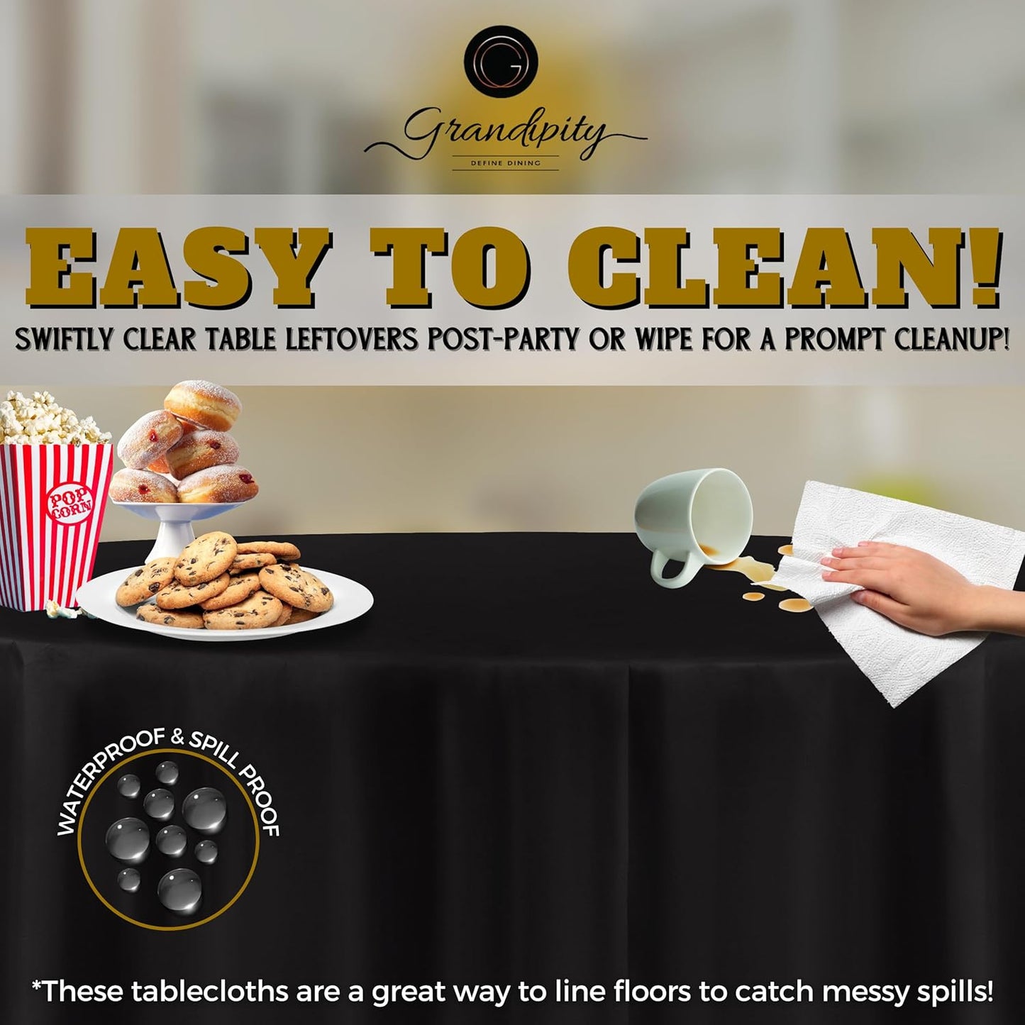 Grandipity 12 Pack Premium Disposable Plastic Tablecloth 84" Inch Decorative Round Table Cover - Black