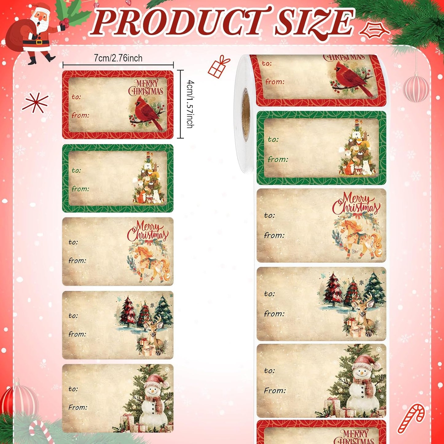 Outus 500 Pieces Christmas Tags Self Adhesive Gift Tags for Xmas Presents Christmas Name Labels Stickers for Wrapping Paper Festival Birthday Holiday Decor(Vintage Fashion Style,2.76 x 1.57 Inch)