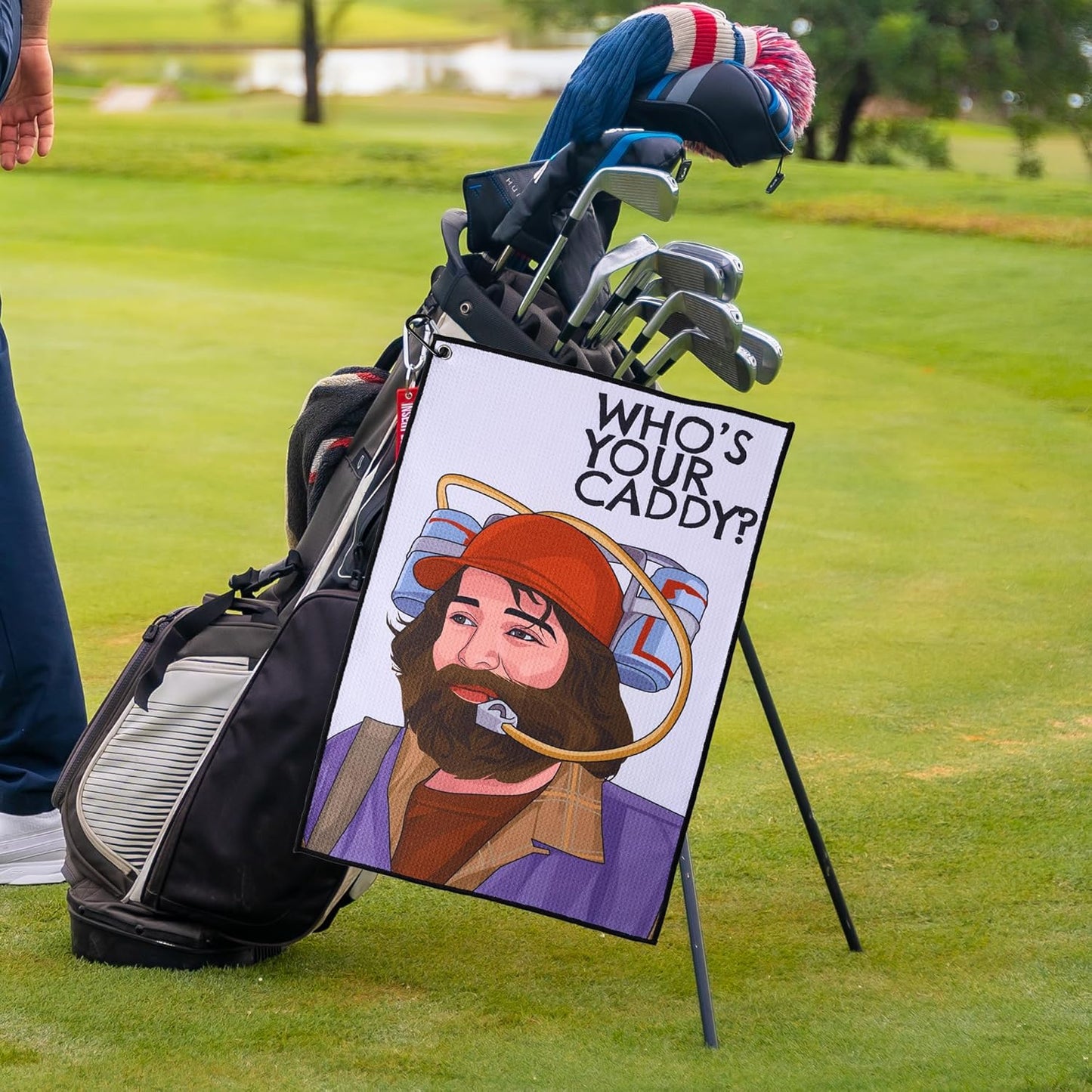 ZEETY Funny Golf Towel – 16" x 24" Premium Microfiber with Clip Holder for Golf Bags – Golf Accessories & Gifts for Men and Women (Who's Your Caddy?)