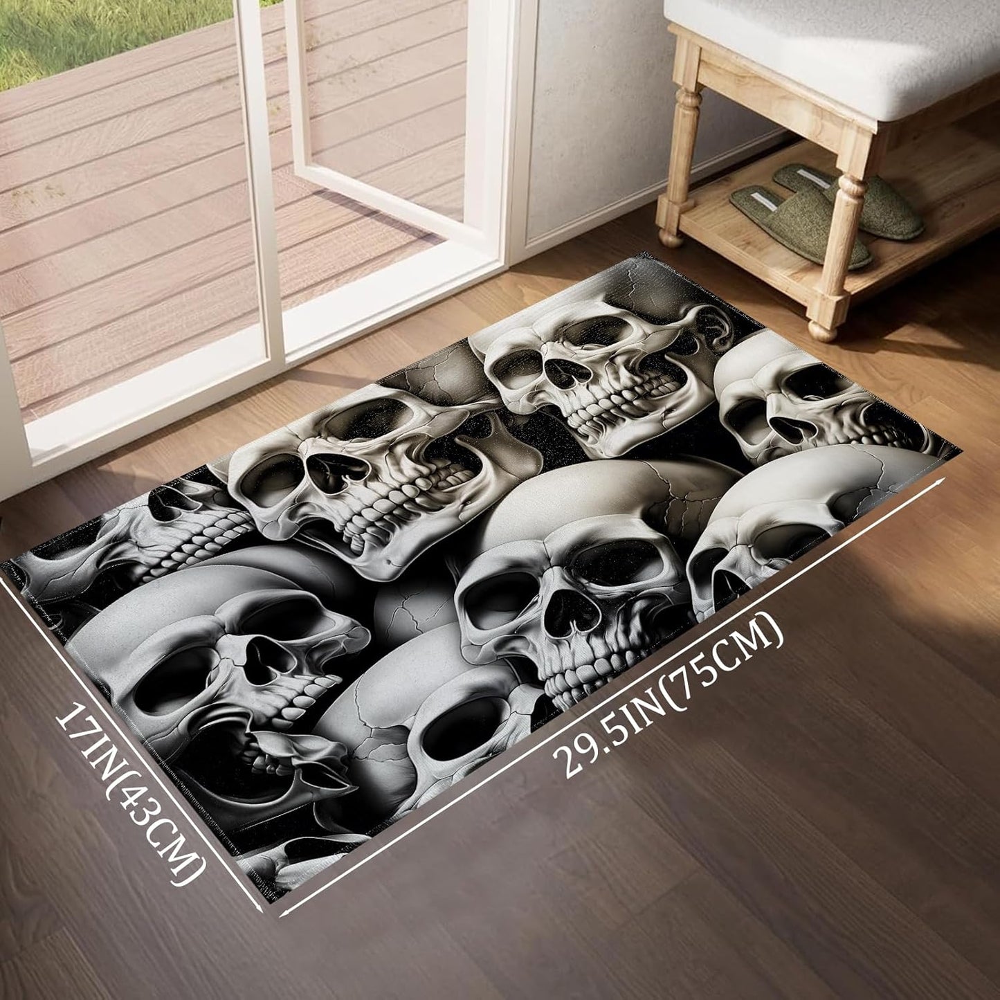 Horror Skull Indoor Door Mat,White and Black Skulls Floor Doormat,17x29.5in,Non Woven Non Slip Rubber Backing Goth Rug for Porch Insider,Bedroom,Kitchen,Doormats Gifts,Rv Camper Decor
