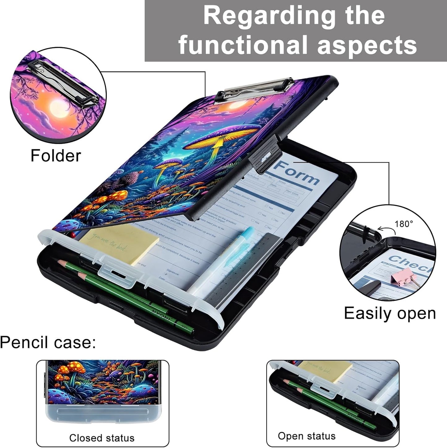 Clipboard with Storage - Large Capacity,Nursing Clipboard with Pen Holder,Heavy Duty,Plastic Side-Opening Folder for Teacher,Nurse - Mushroom Forest