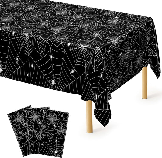 QZYL 3 PCS Halloween Table Cloths, 54" x 108" Spider Web Table Cloth, Black Disposable Tablecloth Plastic Tablecover, Spider Webs Halloween Decorations Party Supplies Tableware Decor