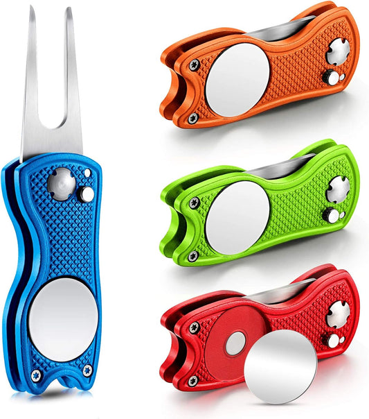 Skylety 4 Pcs Golf Divot Repair Tool Metal Foldable Golf Divot Tool with Magnetic Pop-up Button Ball Marker Stainless Steel Switchblade for Golfers Prizes