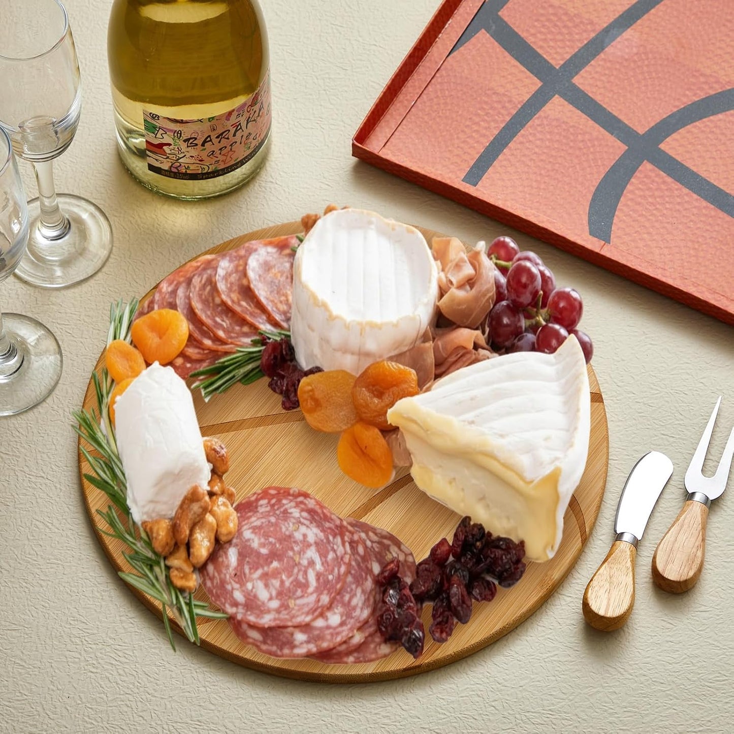 Basketball Cheese Board Gift Set Party Favor Prizes Charcuterie Wood Board with Knives and Box Father Day Gift for Dad Grandpa Party Tournament Game(Bamboo Wood, Basketball)