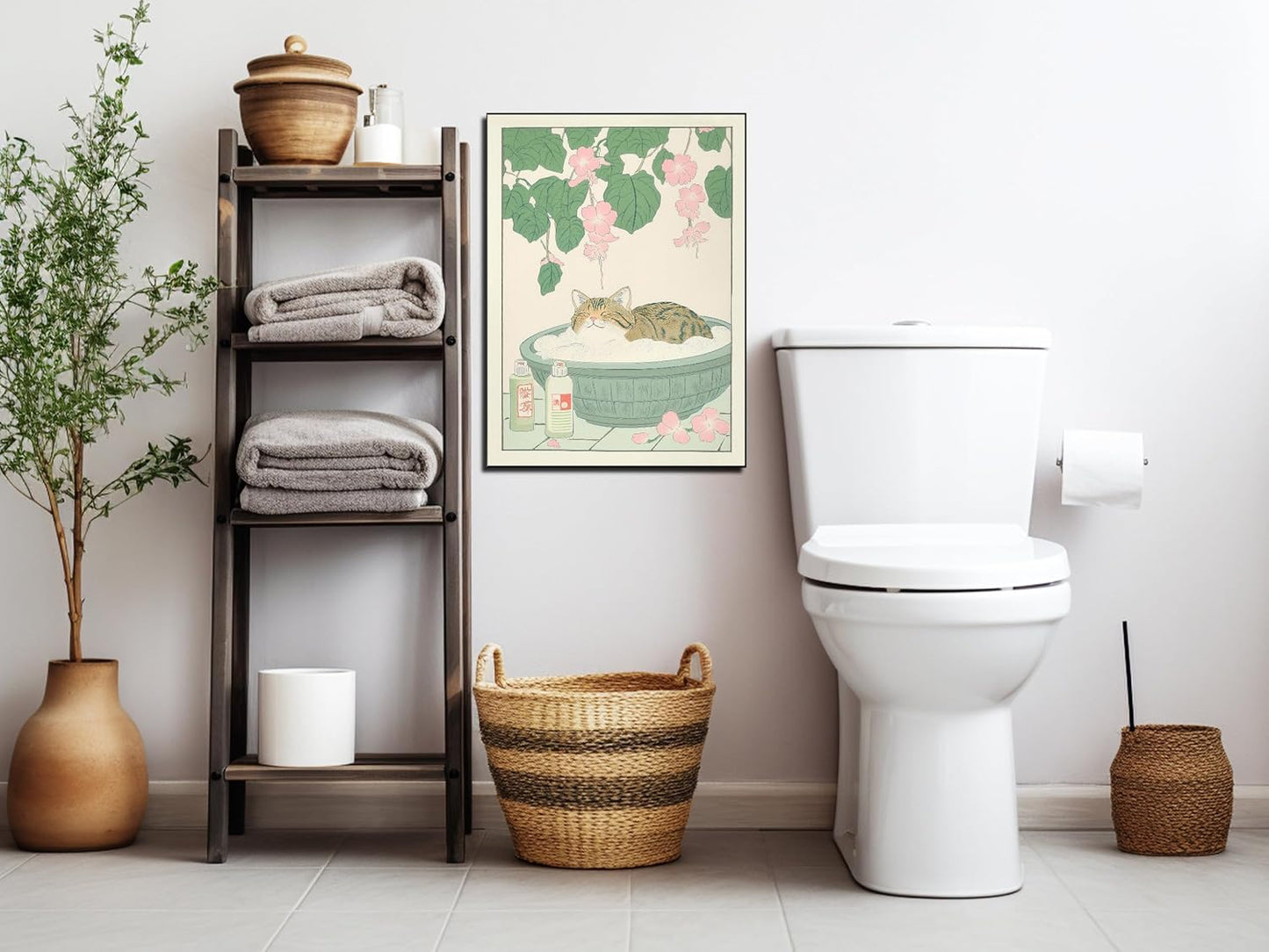 Vintage Tabby Cat in The Bathtub Posters Funny Bathroom Wall Art Cute Animal Lover Canvas Prints Japanese Aesthetic Neutral Minimalist Wall Decor for Dorm Restroom 16x24in Framed