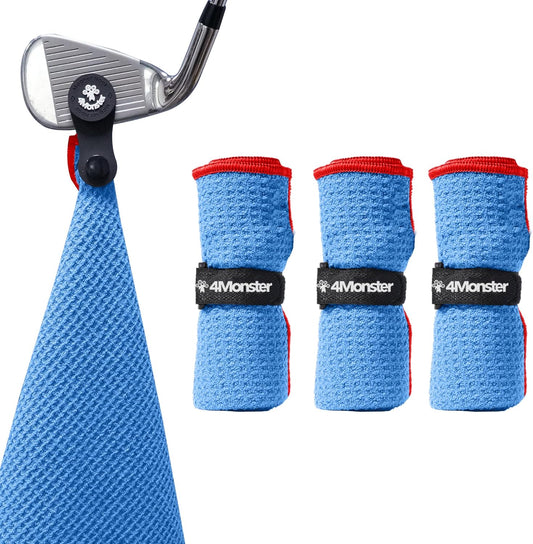 4Monster Golf Towels 3-Pack with Detachable Magnet and Portable Pouch, Quick-Dry Microfiber Golf Towel Set for Golf Bags,Custom Towel Gifts for Men or Women (3, Blue)
