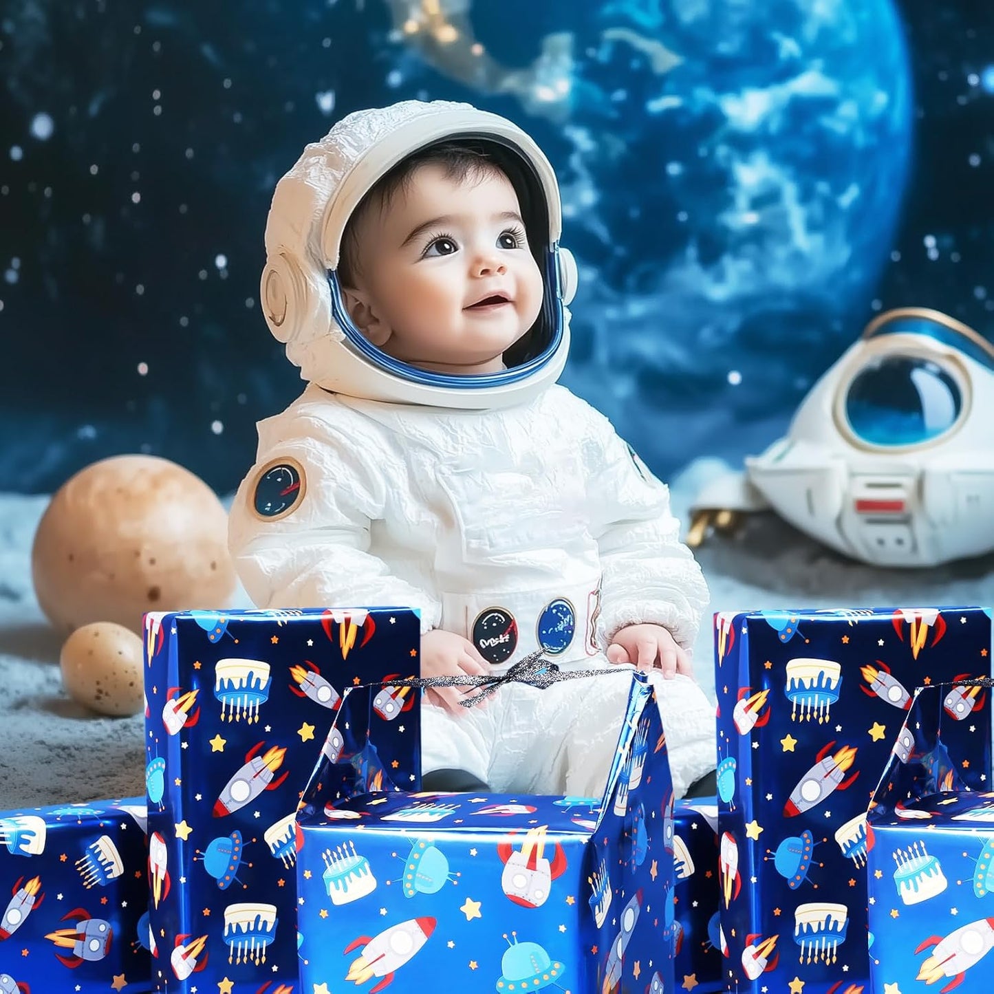 LaRibbons Space Wrapping Paper Mini Roll, Blue Spaceship and Birthday Cake Design with Metallic Foil Shine, Perfect for Kids and Boys Birthdays, 17" x 33' (46.7 sq. ft.)