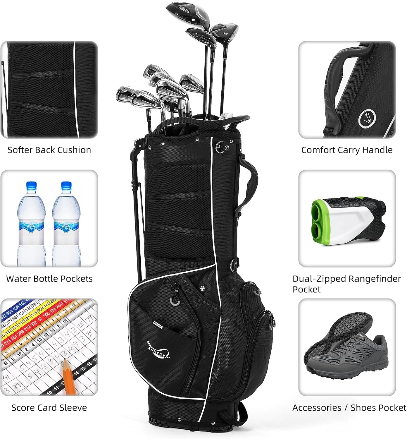 Golf Stand Bag 14 Way Top Dividers Full-Length with Stand, 8 Pockets, Cooler Pouch, Waterproof Golf Bag for Men, Dual Strap, Rain Hood