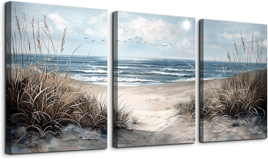 TTHYUEWS Wall Art For Living Room Wall Decor For Bedroom Modern Office Pictures Blue Sea Beach Posters Canvas Painting Wall Art Bathroom Seascape Prints Artwork Canvas Art Framed Ready to Hang 3pcs