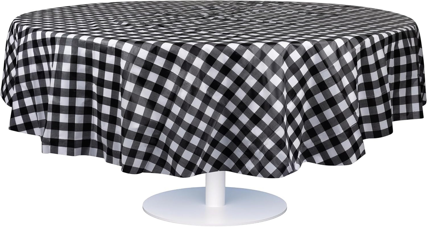 Grandipity 12 Pack Premium Disposable Plastic Tablecloth 84" Inch Decorative Round Checkered Table Cover - Black Checkered Gingham