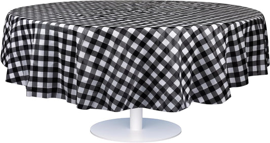 Grandipity 12 Pack Premium Disposable Plastic Tablecloth 84" Inch Decorative Round Checkered Table Cover - Black Checkered Gingham