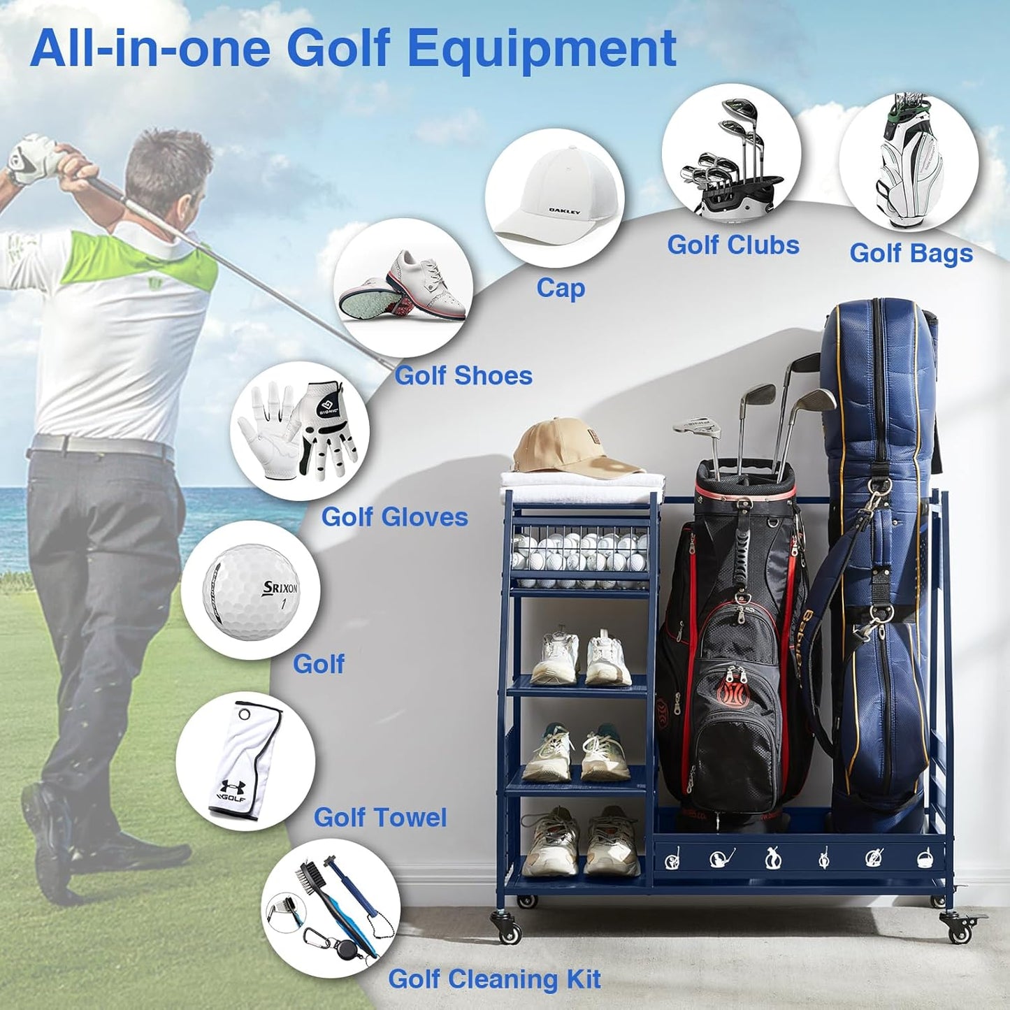 Lauren&Harold Golf Bag Organizer Garage Storage, Golf Storage Rack Stand Fits 2 Golf Bags, Golf Clubs and Other Golfing Equipment Accessories, Golf Organizer for Garage, Club, Shed, Basement