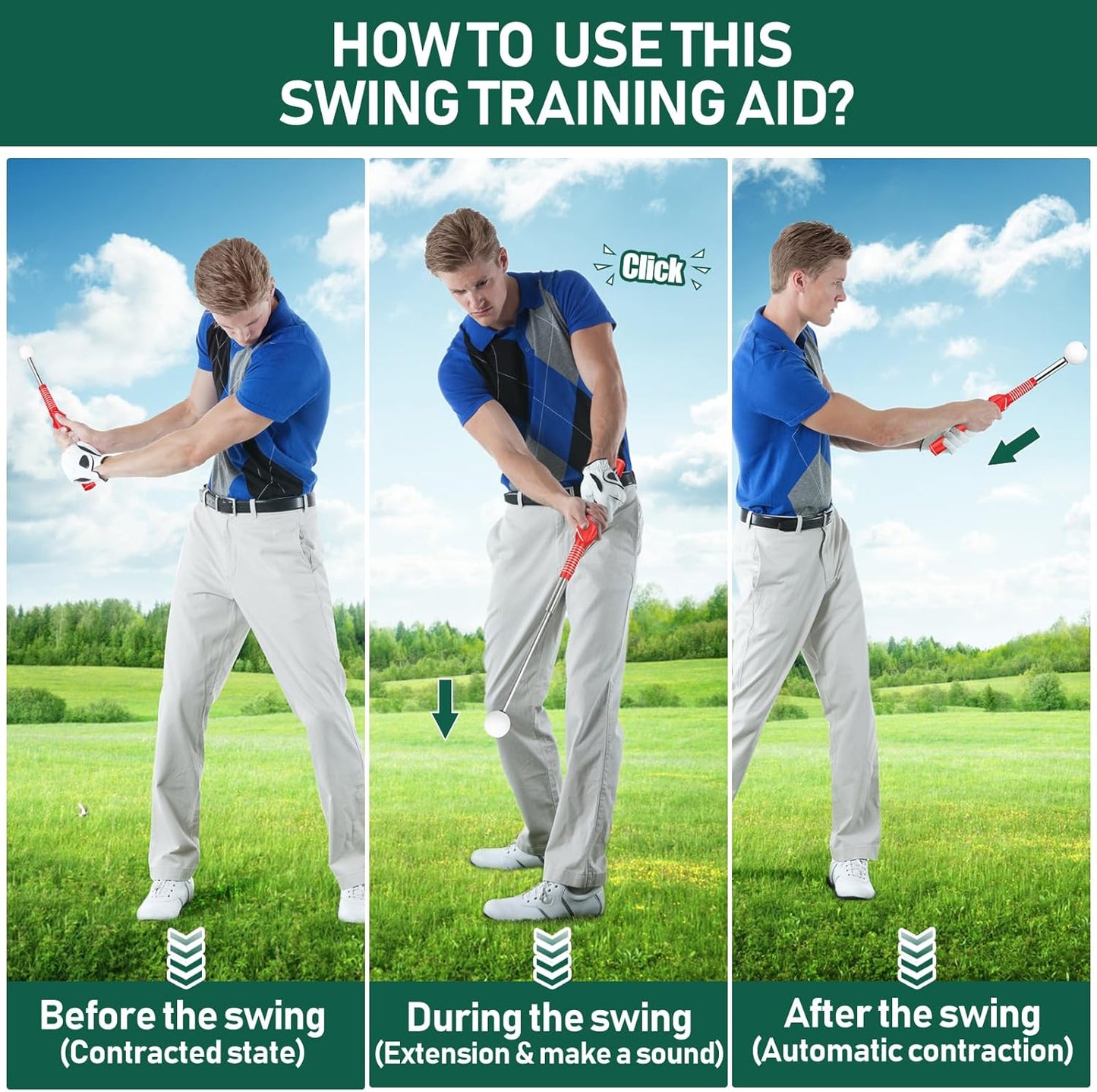 Golf Grip Swing Training Aid - Retractable Click Club Trainer Indoor Practice Warm Up Stick Flexible Telescopic Short Club Tempo Sound Release Trainer Devices