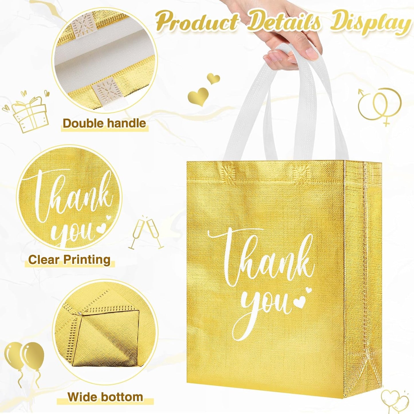 Sweetude 30 Pcs Thank You Gift Bags with Handles Bulk Reusable Goodie Bag Non Woven Foldable Handbag for Graduation Wedding Bridesmaid Gifts (10 x 8 x 4 Inch,Gold)