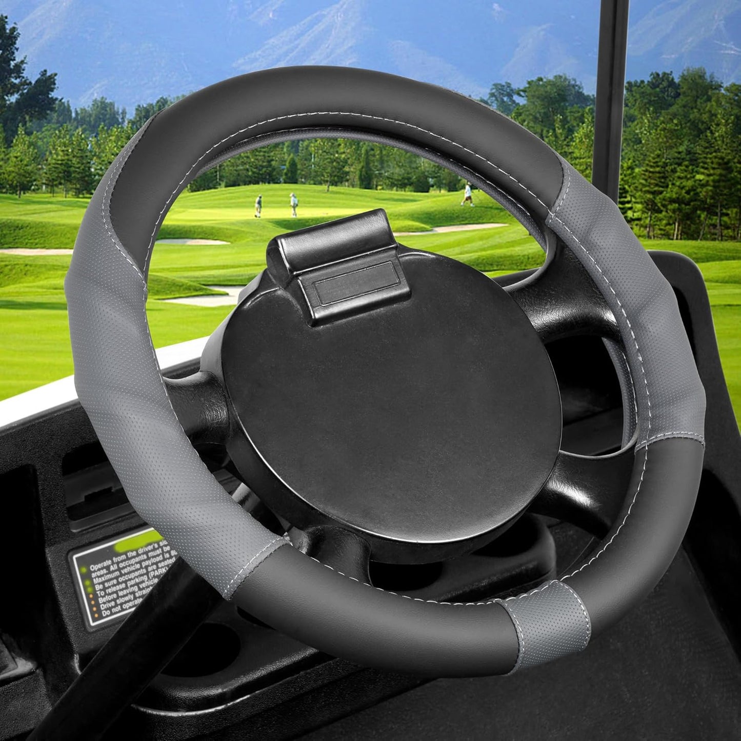 10L0L 13 Inch Golf Cart Steering Wheel Cover for EZGO TXT RXV, Anti Slip PU Leather & Comfortable Grip Feeling-Black Grey