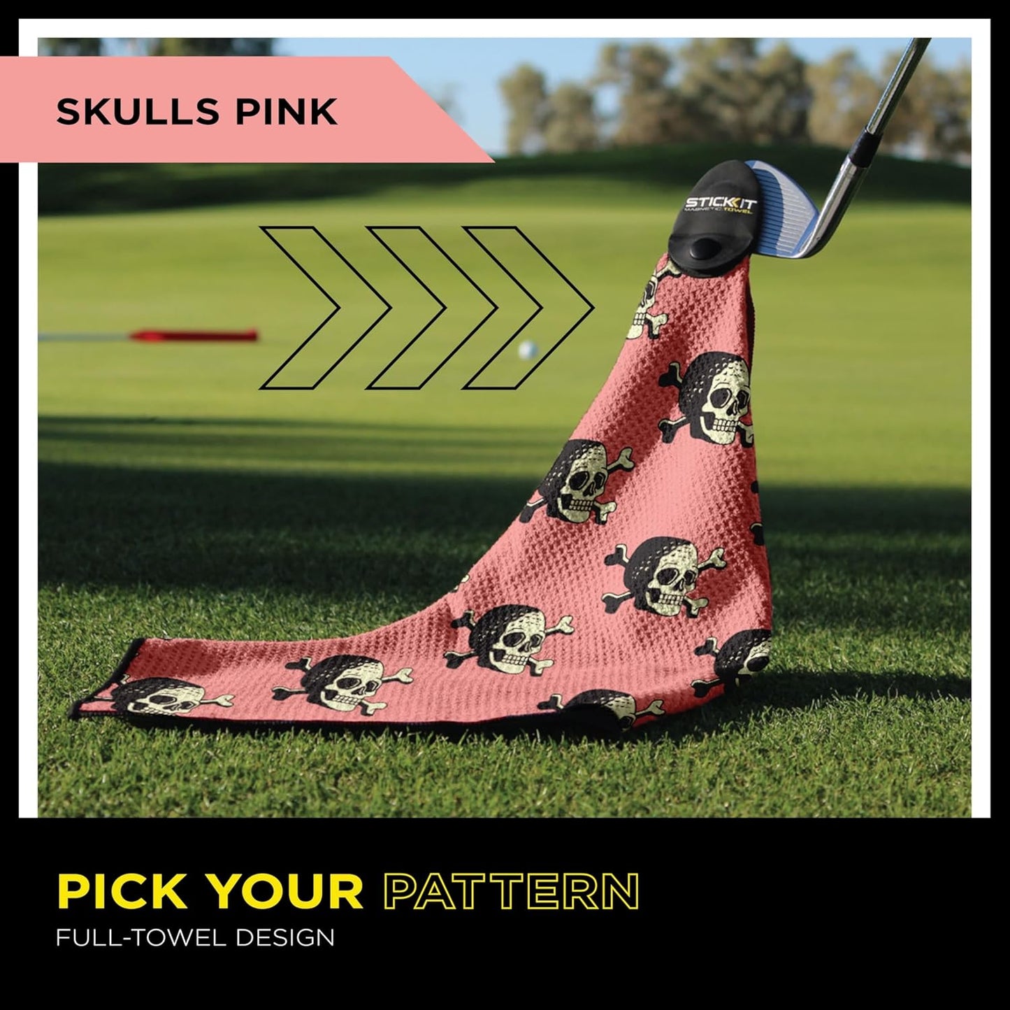 STICKIT Magnetic Golf Towel with Pink Skulls | Top-Tier Microfiber Golf Towel with Deep Waffle Pockets | Industrial Strength Magnet for Strong Hold to Golf Carts or Clubs