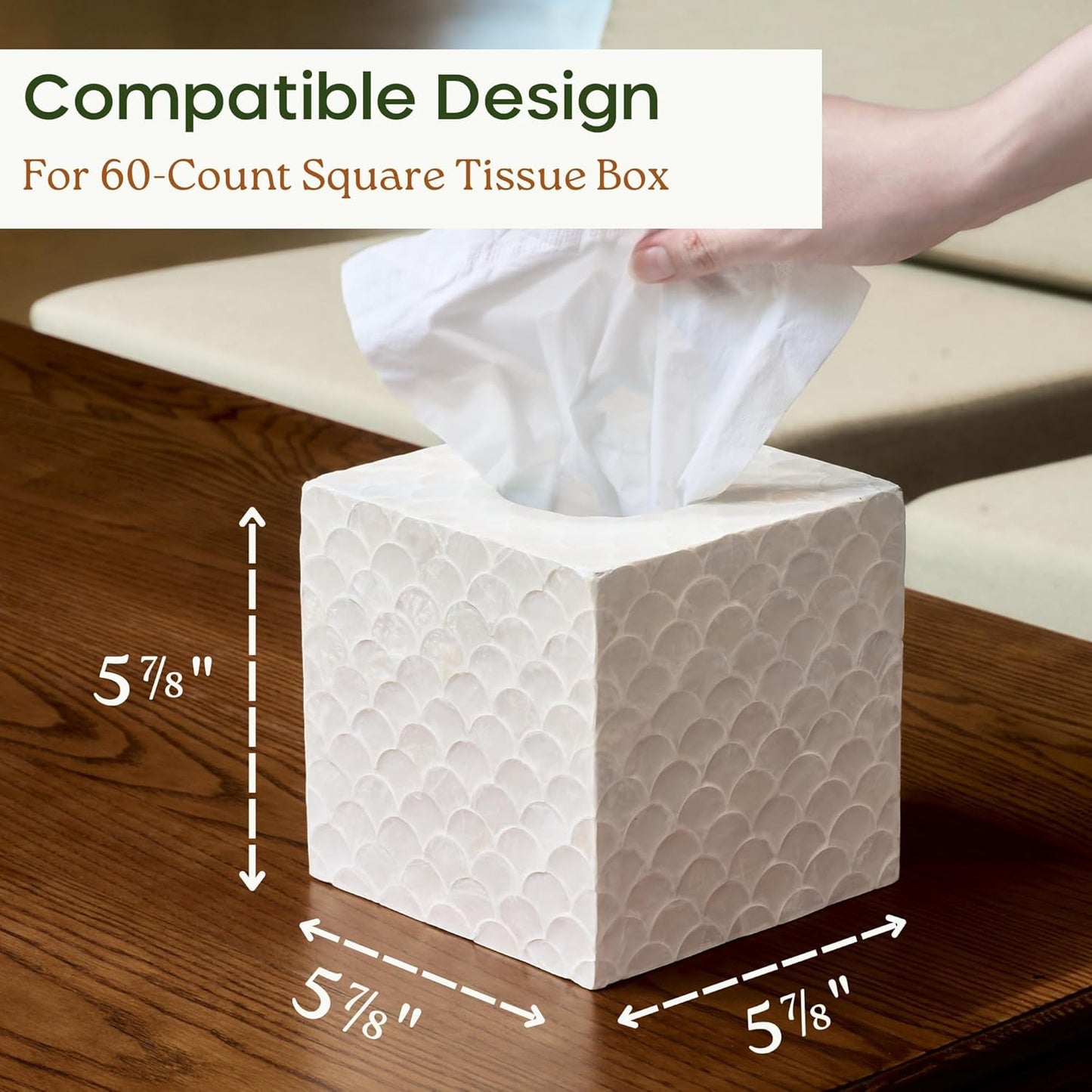 5.9” Capiz Tissue Box Cover, Square Decorative Tissue Holder with Bottom Slider, Handmade Bathroom Accessories, Elegant White Cube for Vanity, Bedroom, Office & Coastal Décor (Natural)
