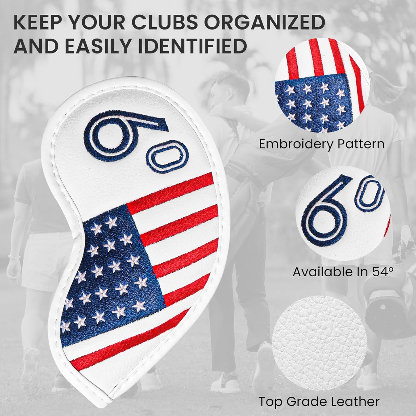 Golf Iron Wedge Head Covers 52° 54° 56° 60° 1 or 4 Pack, Synthetic Leather Clover USA Flag Design Club Head Protection, Universal Headcover Fit Iron Clubs for Men Women
