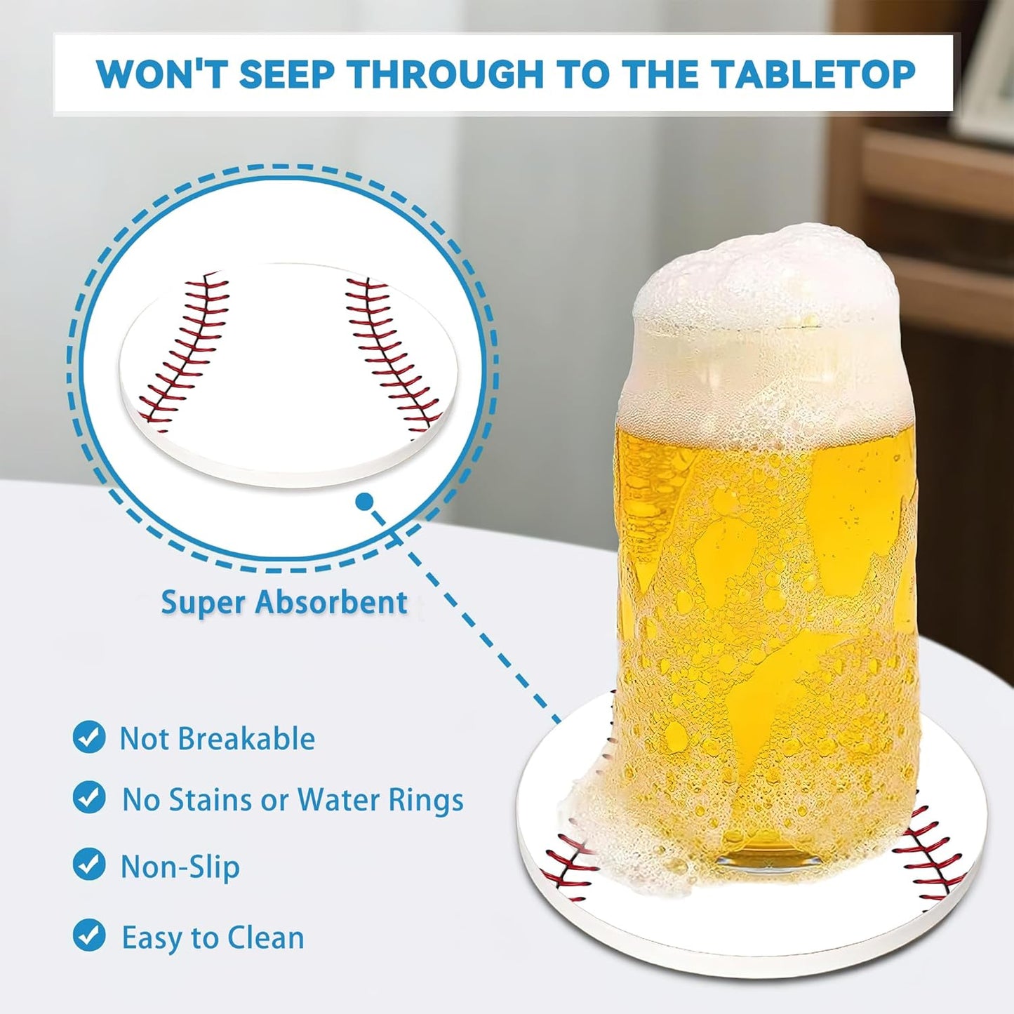 Baseball Round 4" Cup Coasters Set of 4, Absorbent Ceramic Stone Coasters with Cork Base, Ideal Gifts for Home Decor