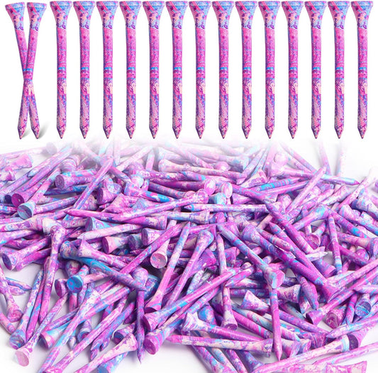 Amy Sport Golf Tees Styllish Bamboo Wooden Coloured Painted Bulk 200 Pack 1 1/2 3 1/4 2 3/4 Inch Tee, Enhanced Visibility Color Purple Pink Green Blue, Practice for Men Women