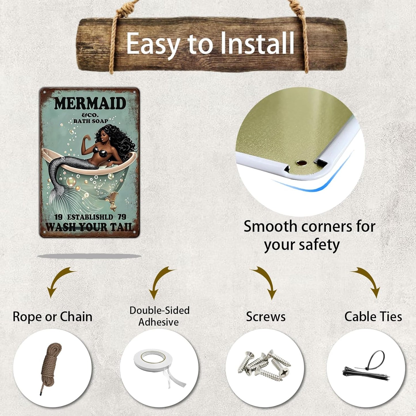 Funny Mermaid Company Bath Soap Metal Signs Wash Your Tail Sign Vintage Tin Sign Wall Decor Retro Tin Signs for Room Living Room Bathroom Toilet Hotel 12x8 Inch