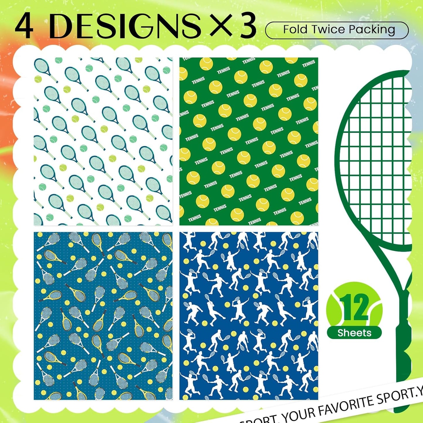 Tennis Wrapping Paper 12 Sheets Sports Tennis Racket Wrapping Paper Tennis Ball Gift Wrap for Birthday,Team Celebration Gifts Packing Paper - 20" x 28"