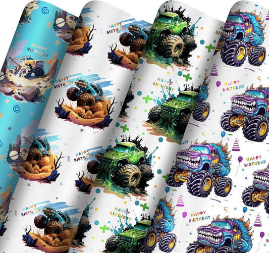 Vnaaem Monster Truck Birthday Wrapping Paper 8 Pc Happy Birthday Gift Wrap Racing Car Art Paper Folded Flat for Boys Kids Baby Shower Holiday 19.6 X27.8Inch