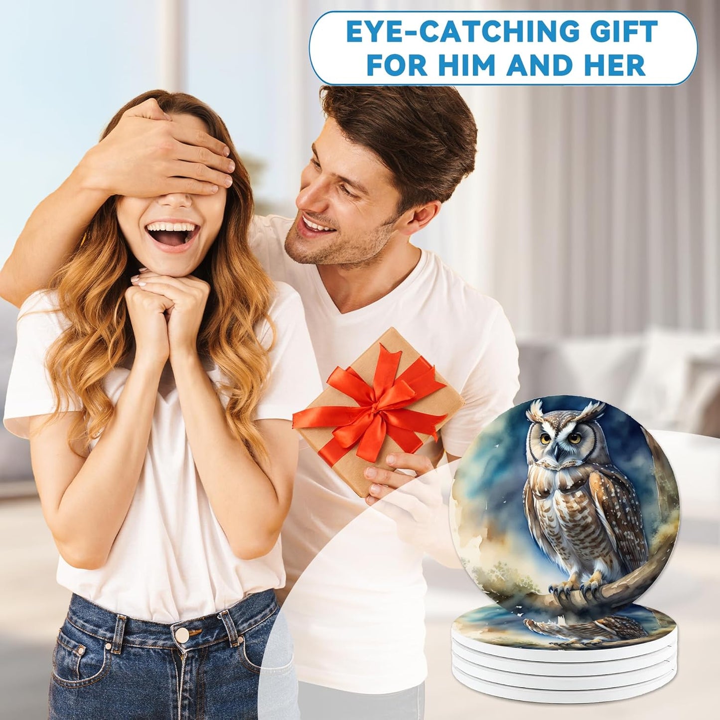 Drinks Coasters Set of 4, Owl Round 4" Cup Coasters, Absorbent Ceramic Stone Coasters with Cork Base, Cute Coasters for Table Home Décor, Ideal Gifts for Women Men